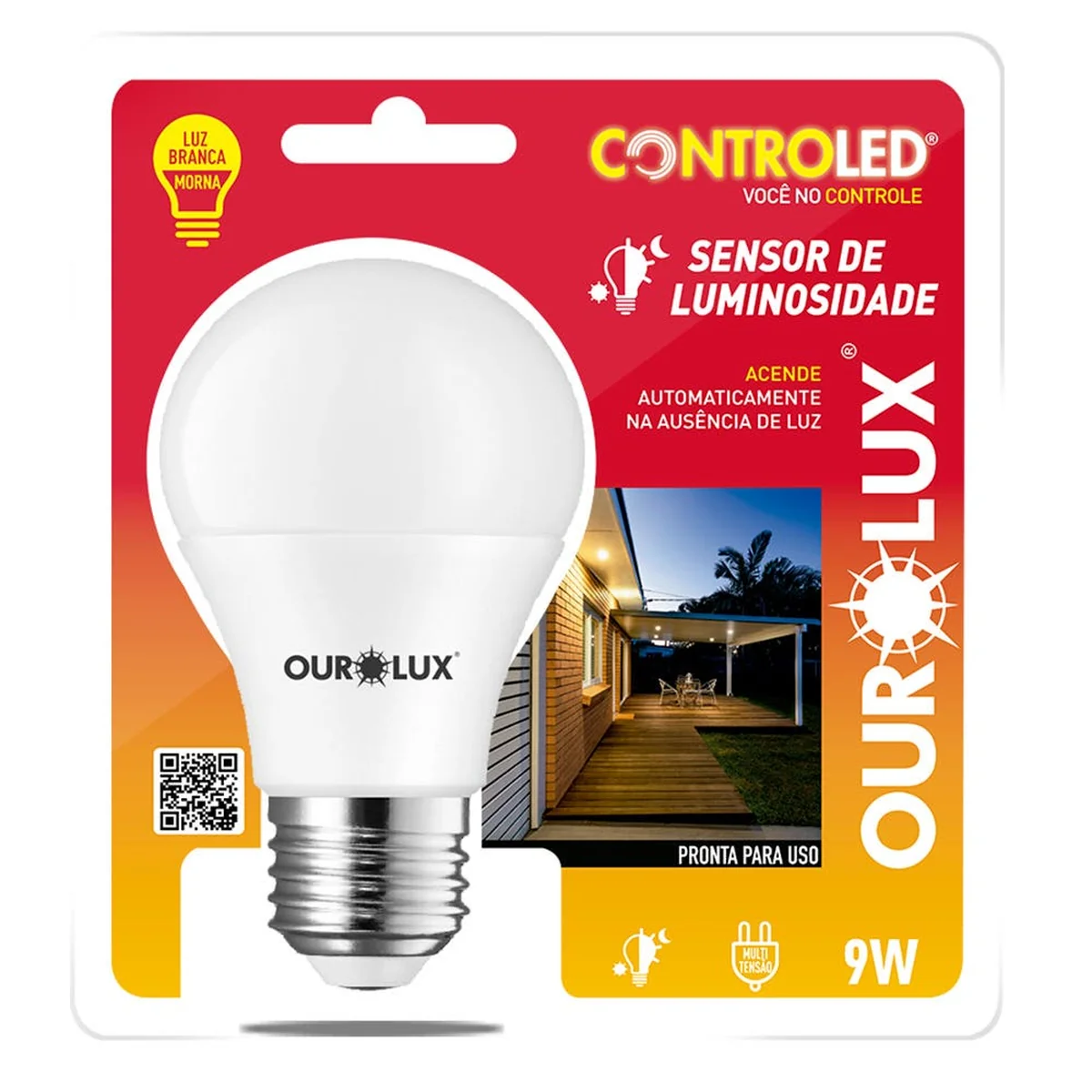 Lâmpada LED Bulbo A60 9W 2700K Luz Amarela Sensor Luminosidade 20484 Ourolux - imagem 1