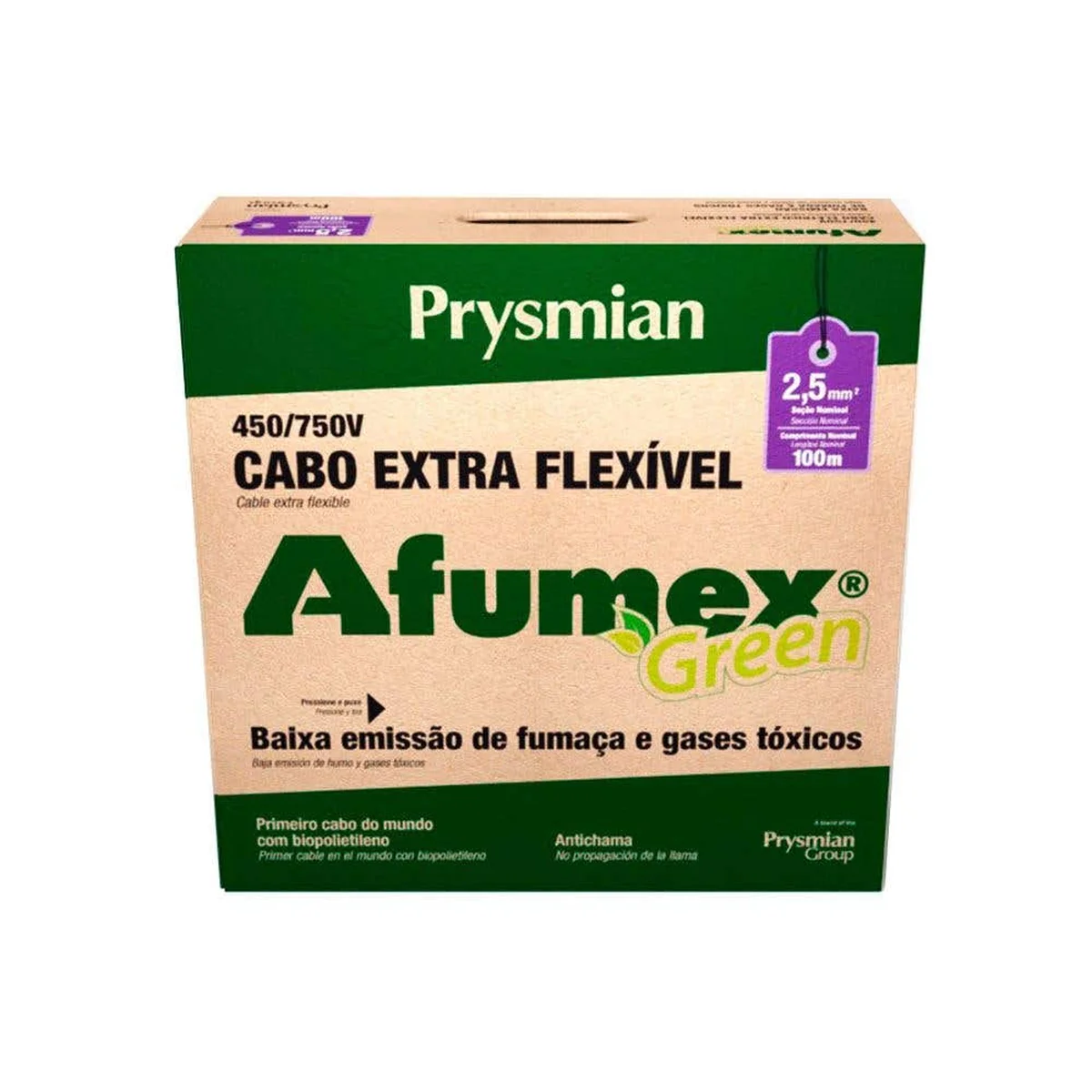 Rolo 100 Metros Cabo Flexível Afumex 2,5mm² Verde/Amarelo 750V Prysmian - imagem 1