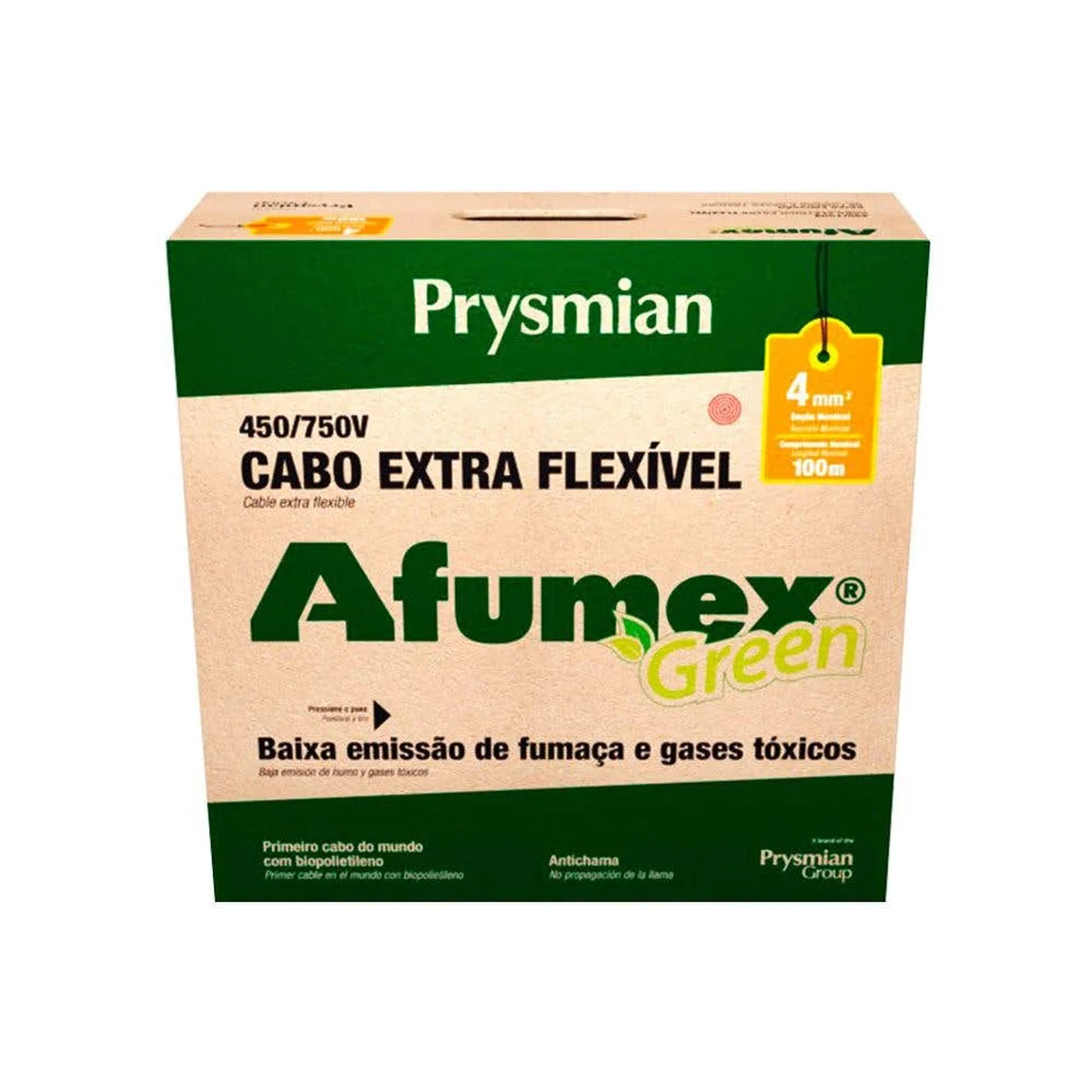 Rolo 100 Metros Cabo Flexível Afumex 4mm² Verde 750V Prysmian - imagem 1