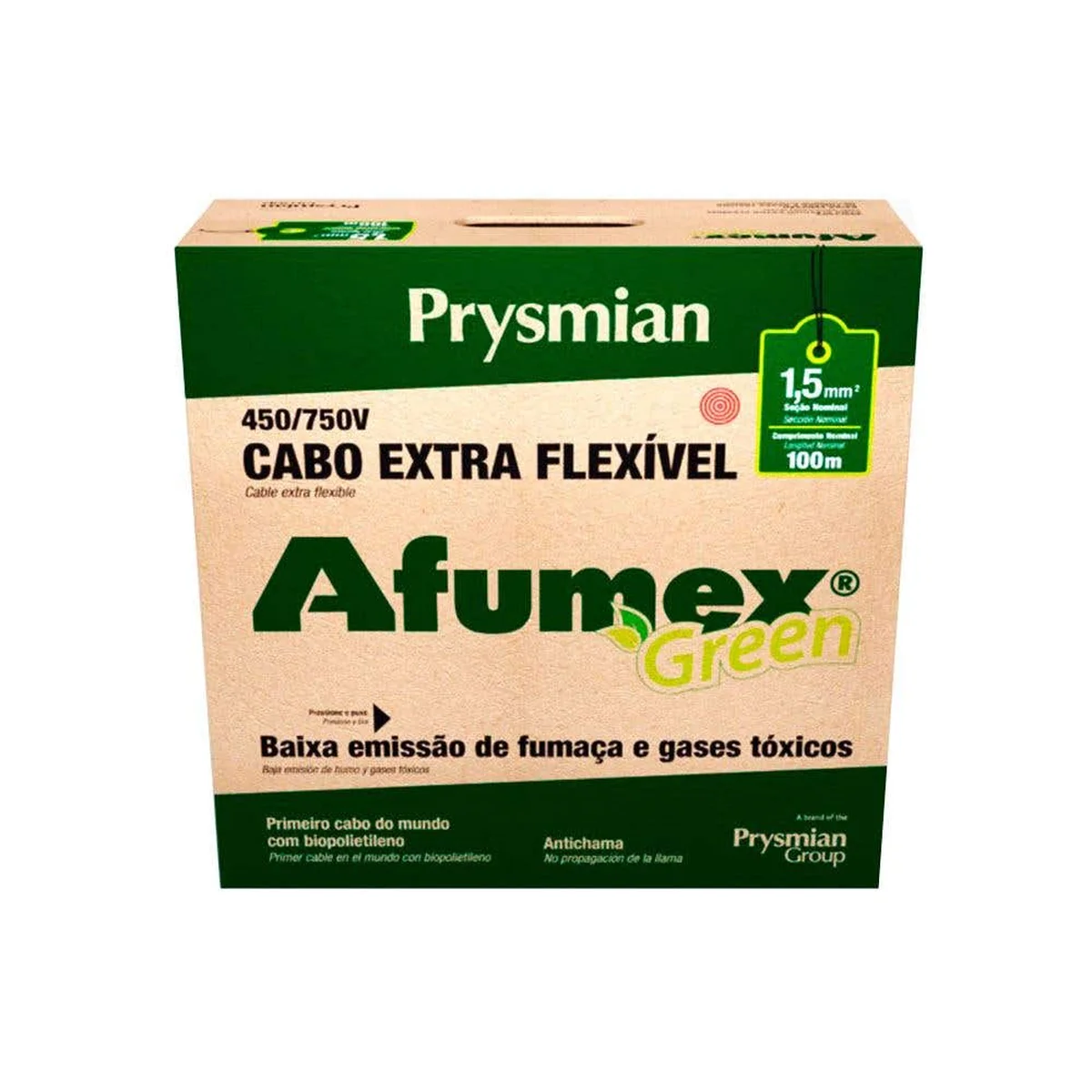 Rolo 100 Metros Cabo Flexível Afumex 1,5mm² Verde 750V Prysmian - imagem 1