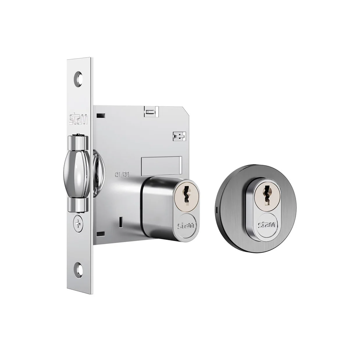 Fechadura Externa Roseta Redonda Trinco Rolete 45MM 1005 Inox Cromado - imagem 1
