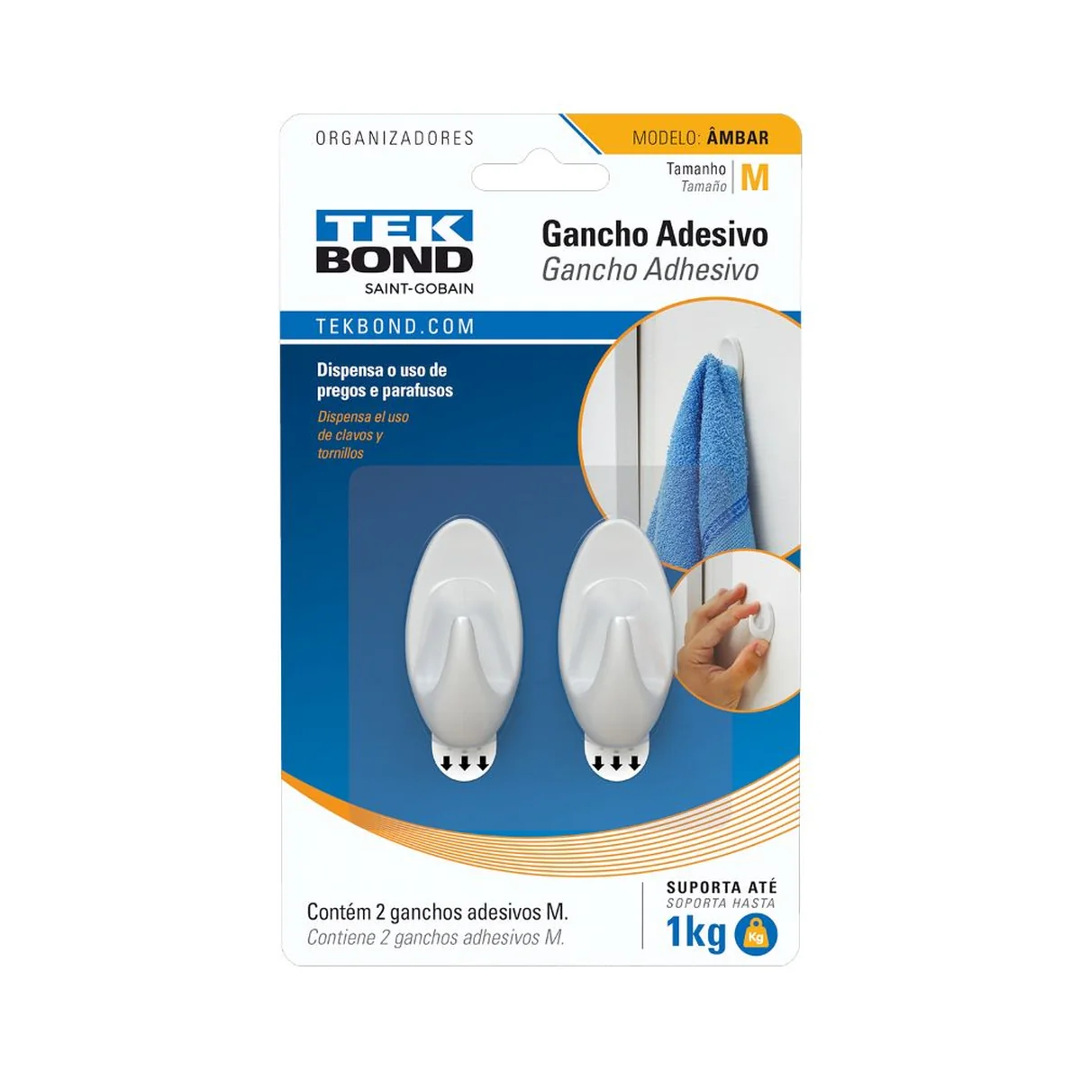 Gancho Adesivo Plástico Ambar Médio até 1kg Branco - imagem 1