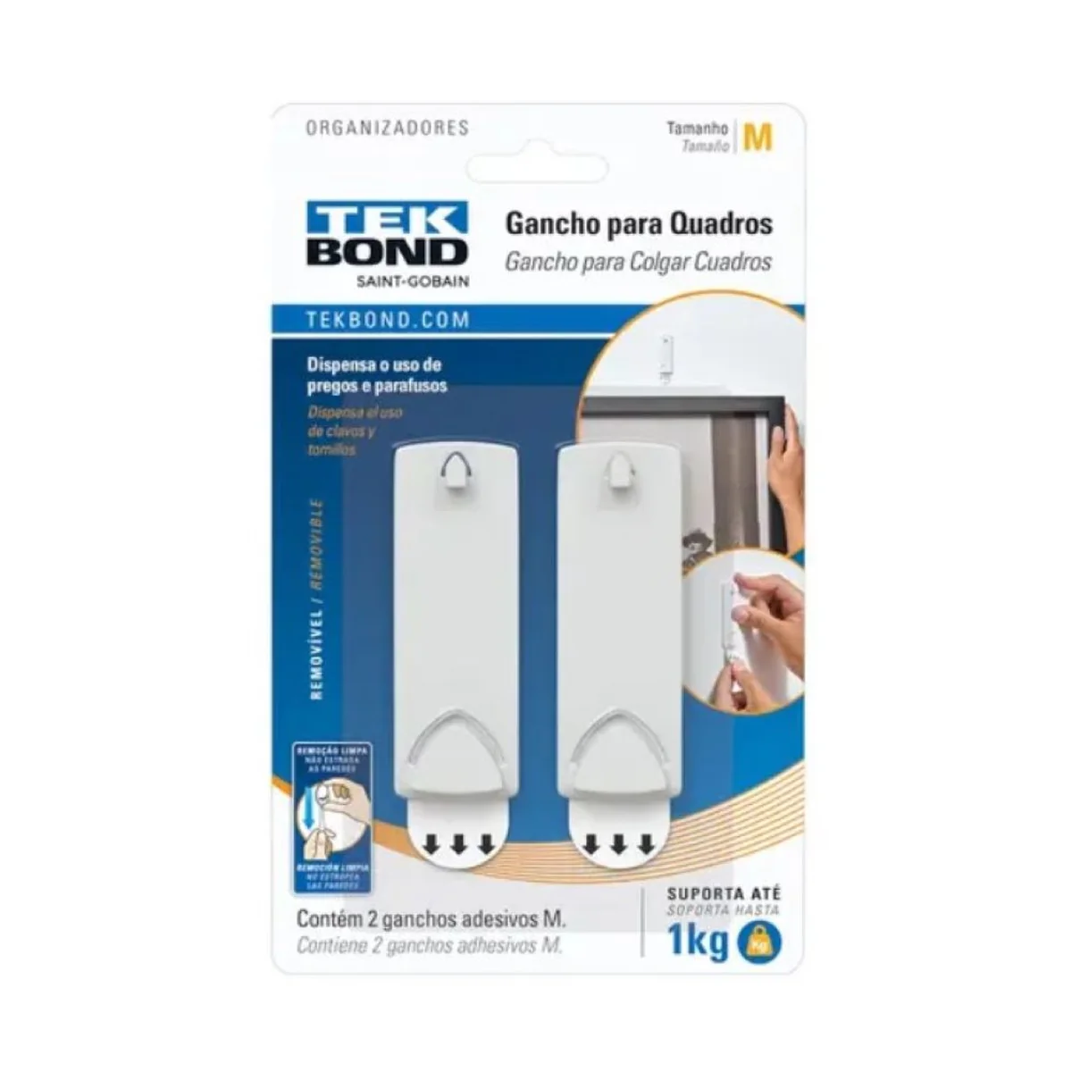 Gancho Adesivo Plástico Fixa Quadro Médio Até 1kg Branco - imagem 1