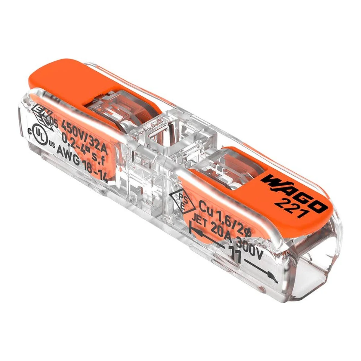 Conector Emenda Reto 2 Pólos 32A 0,2-4mm² 221-2411 Wago - imagem 1
