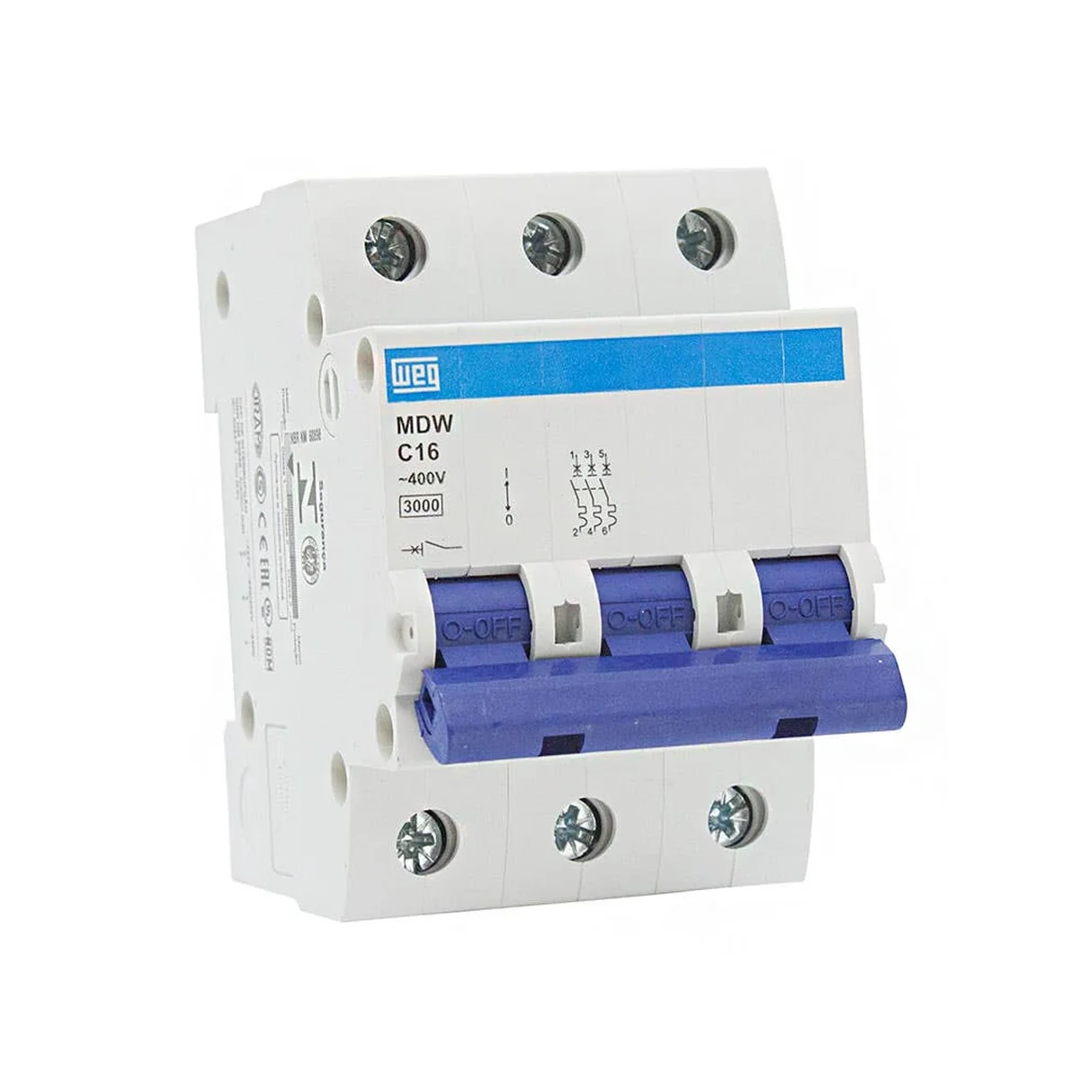 Disjuntor Trifásico 16A Curva C 3kA 400Vca MDWC163 WEG - imagem 1