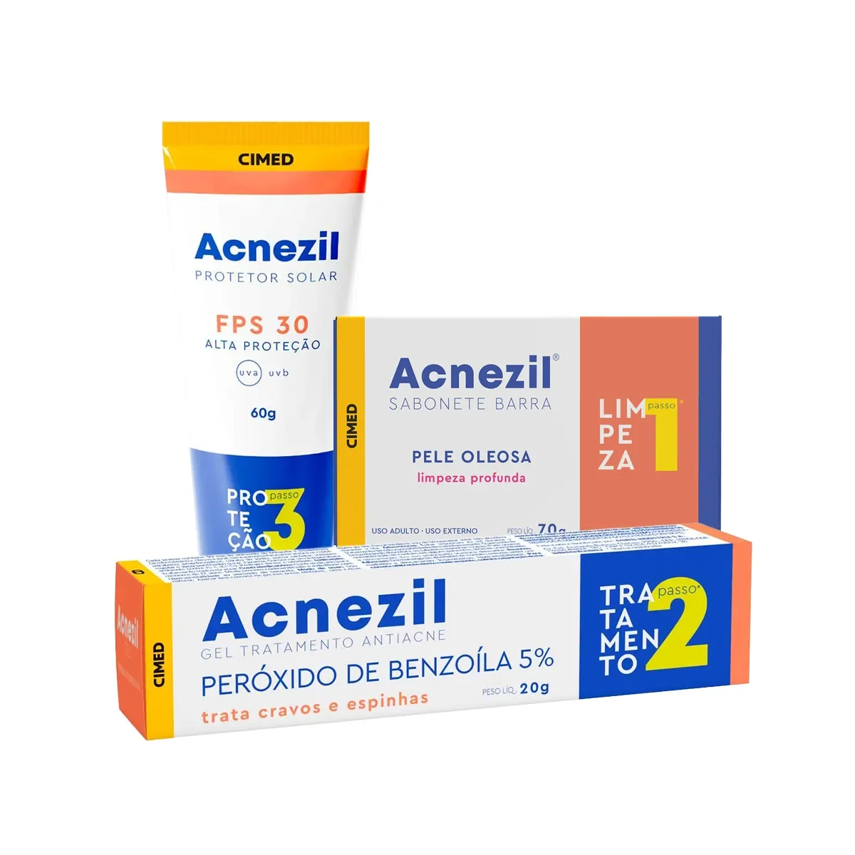 Kit Facial Acnezil Sabonete em Barra Pele Oleosa 70g + Gel Antiacne 20g + Protetor Solar FPS 30 60g - imagem 1