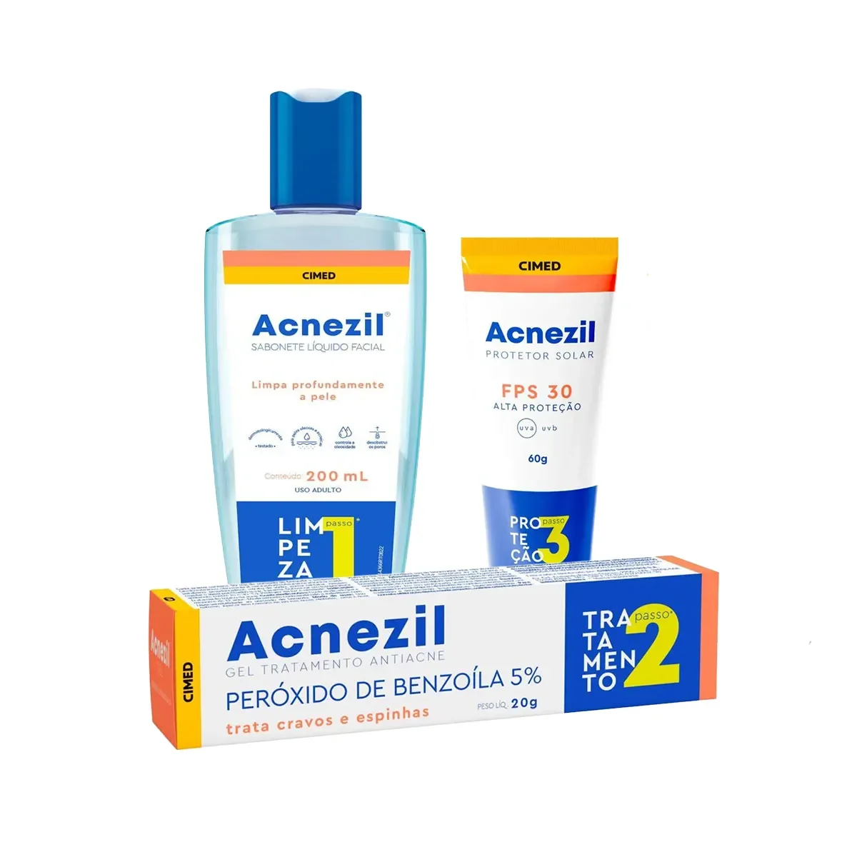 Kit Facial Acnezil 3 Passos: Sabonete Líquido 200ml + Gel Antiacne 20g + Protetor Solar FPS 30 Oil Control 60g - imagem 1