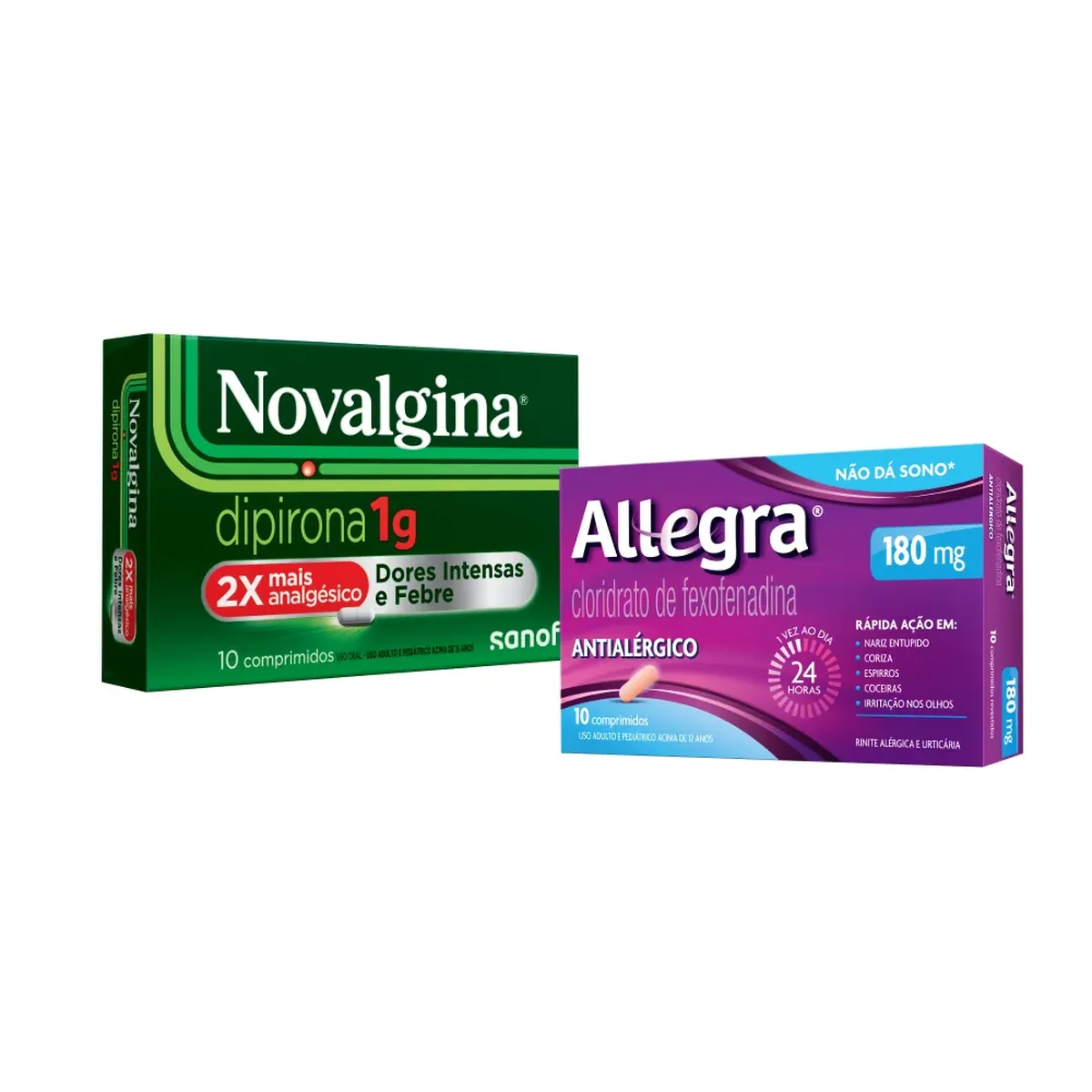 Kit Antialérgico Allegra Cloridrato de Fexofenadina 180mg 10 comprimidos + Novalgina Dipirona 1g 10 comprimidos - imagem 1