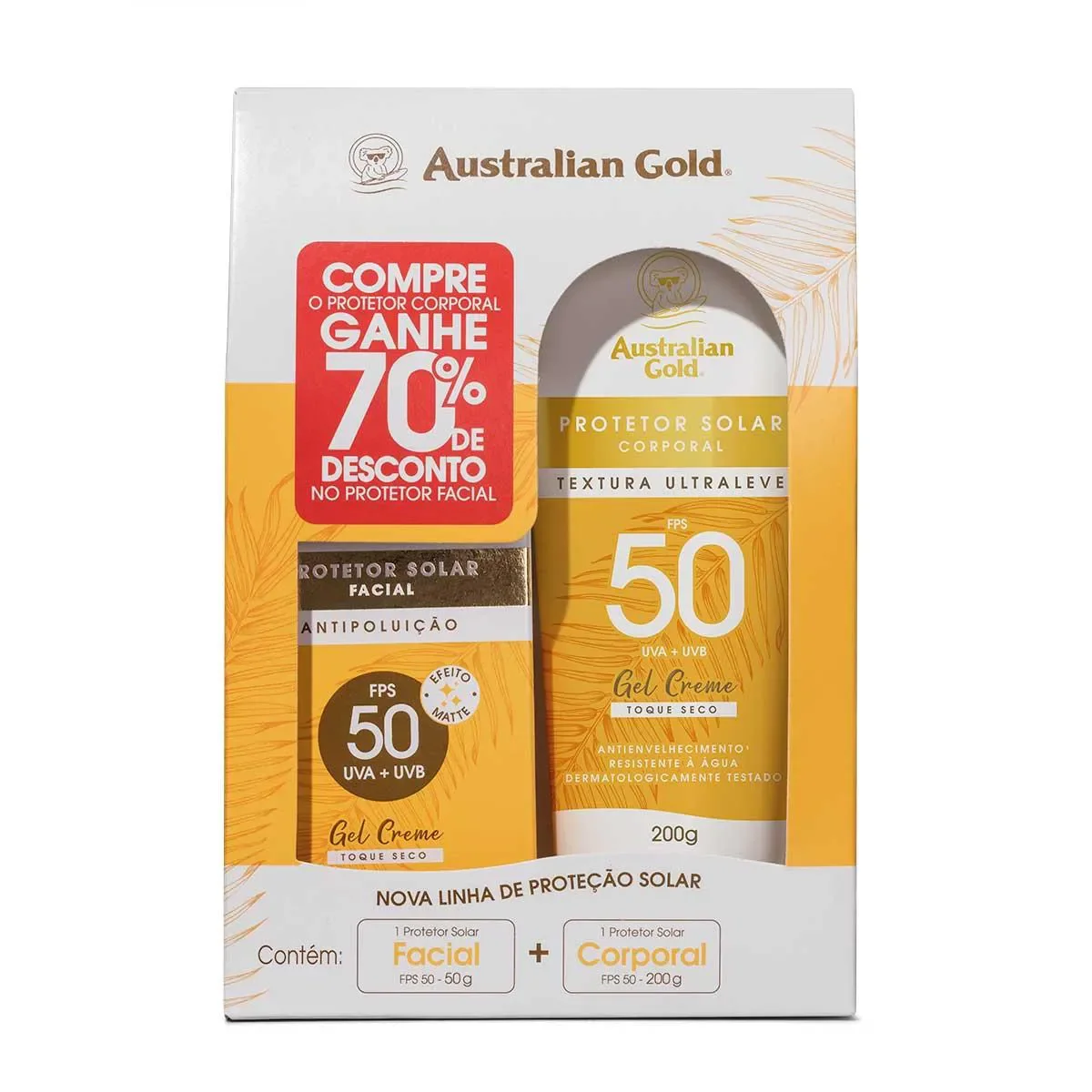 Kit Australian Gold Protetor Solar Corporal FPS 50 200g + Protetor Solar Facial FPS 50 Antipoluição 50g - imagem 1