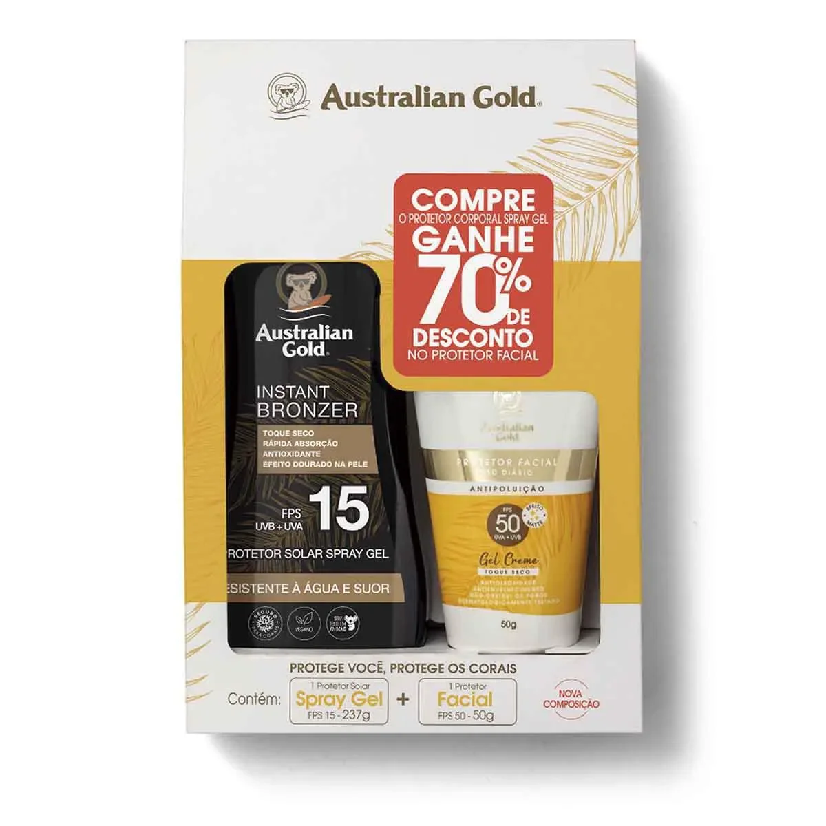 Kit Australian Gold Protetor Solar Corporal FPS 15 Spray Gel 235g + Facial FPS 50 Gel Creme 50g - imagem 1