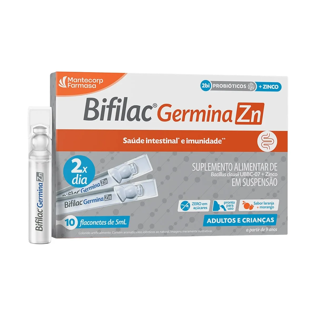 Probiótico Bifilac Germina ZN 2bi + Zinco Suspensão Oral Laranja e Morango 10 flaconetes de 5ml cada - imagem 1