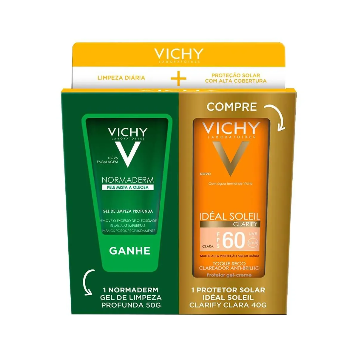 Kit Vichy Protetor Solar Facial FPS 60 Idéal Soleil Clarify 40g + Gel de Limpeza Profunda Normaderm 50g - imagem 1