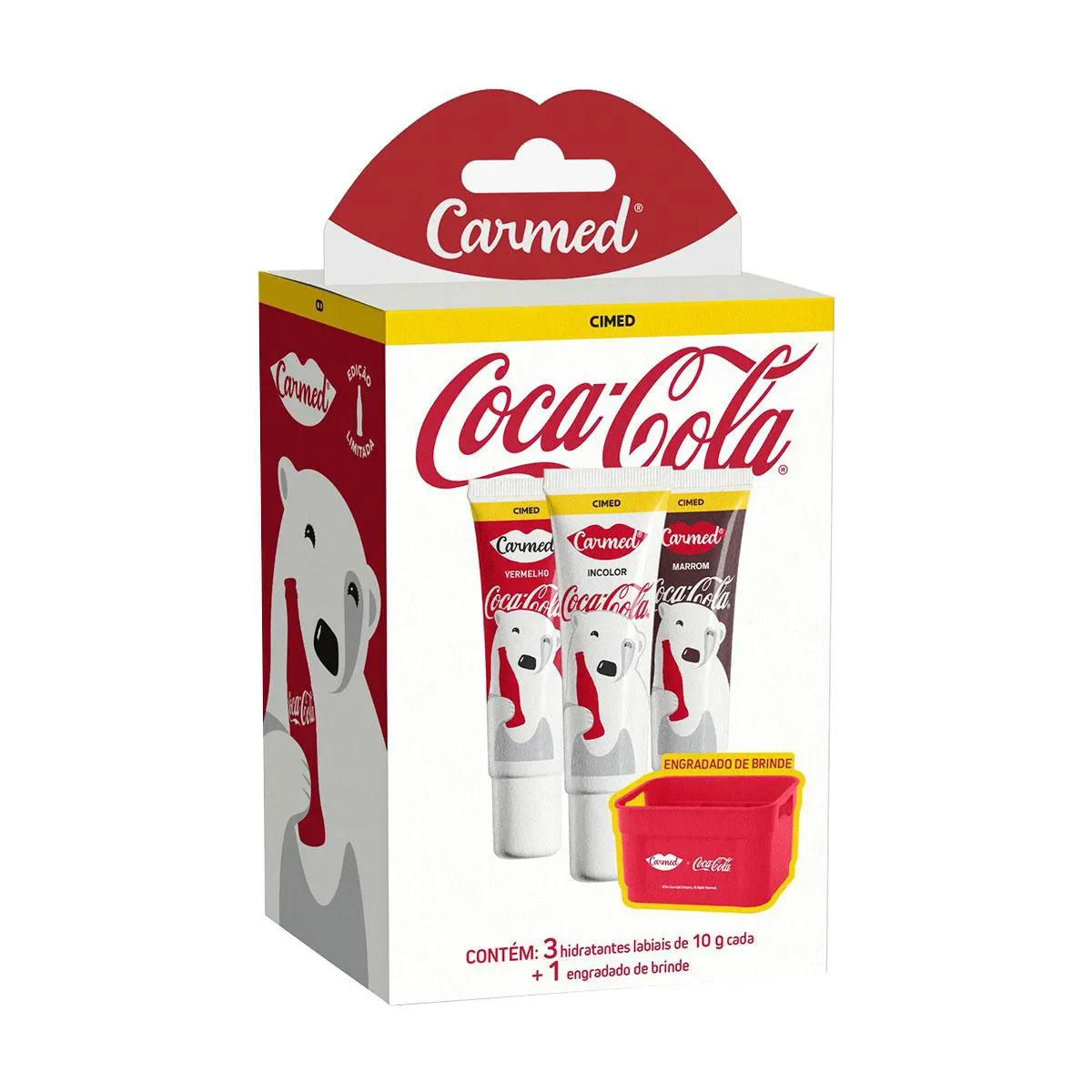 Kit Carmed Coca-Cola Hidratante Labial Vermelho + Marrom + Incolor 10g 3 unidades + 1 Engradado de Brinde - imagem 1