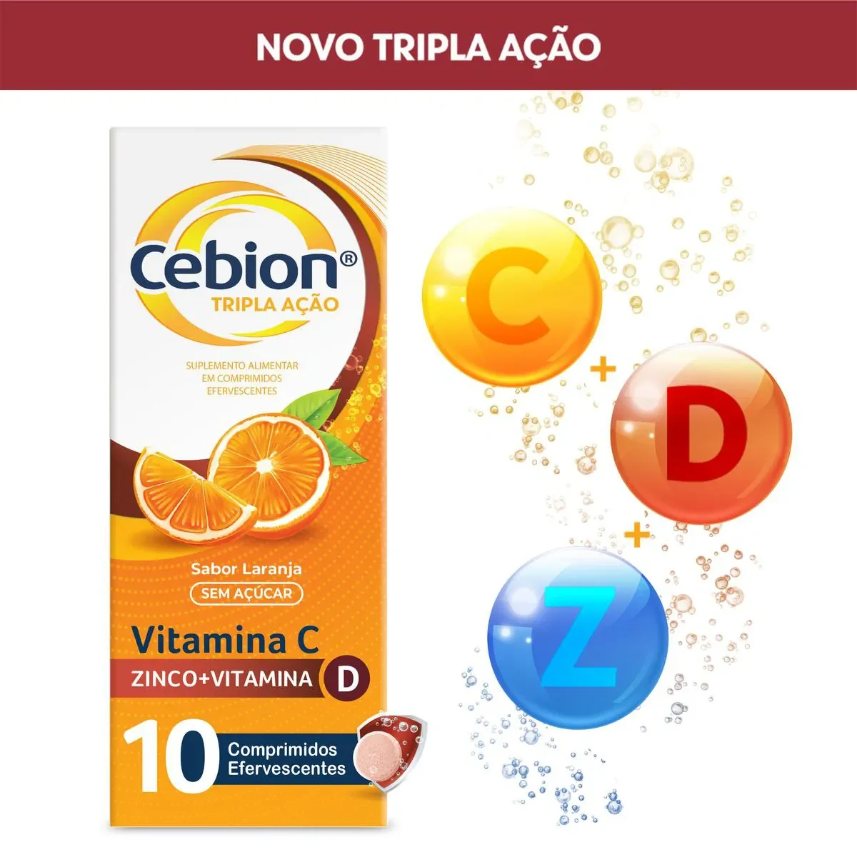 Vitamina C Efervescente Cebion Sabor Laranja Tripla Ação 10 comprimidos - imagem 1