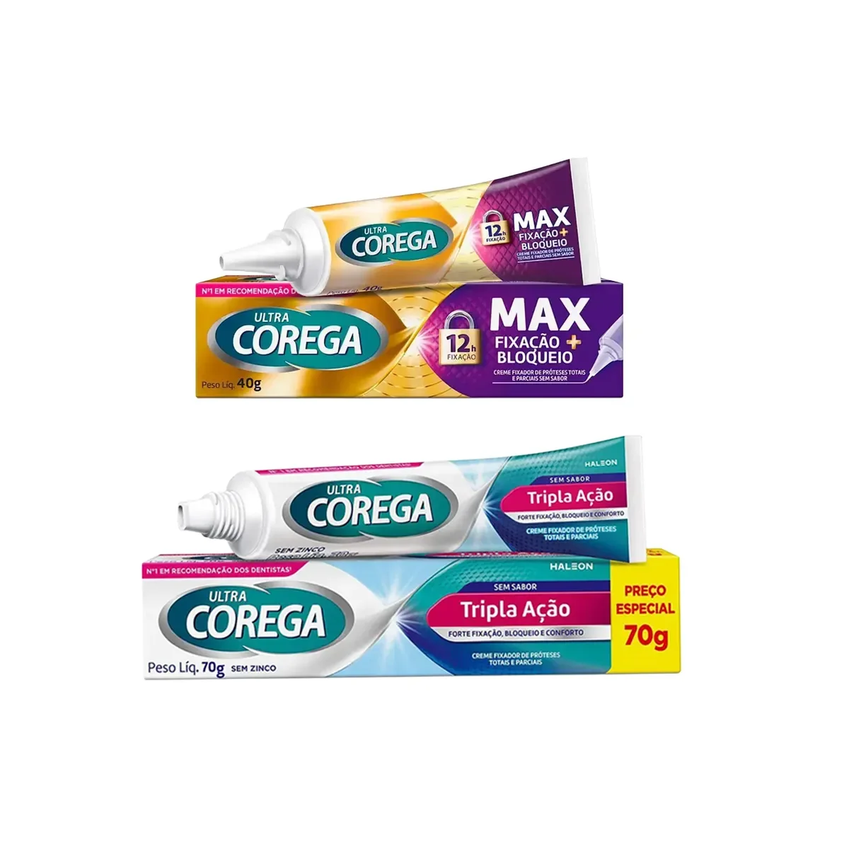 Kit Creme Fixador de Dentadura Corega Ultra Tripla Ação Sem Sabor 70g + Max Fixação 40g - imagem 1