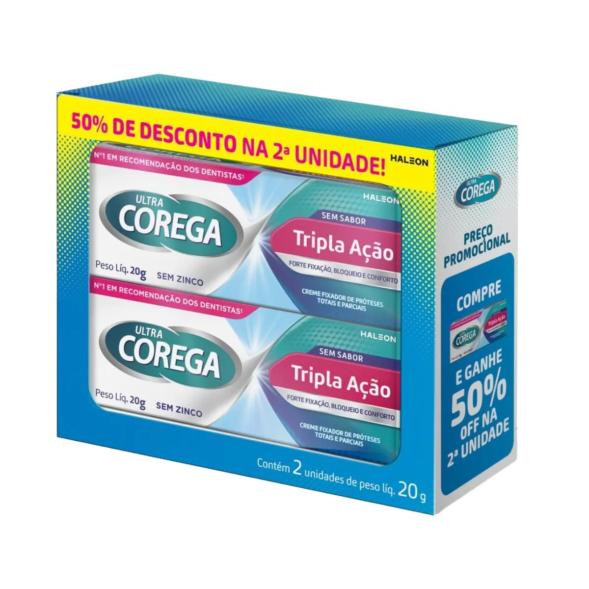 Kit Creme Fixador de Dentadura Corega Ultra Tripla Ação Sem Sabor 20g 2 unidades - imagem 1