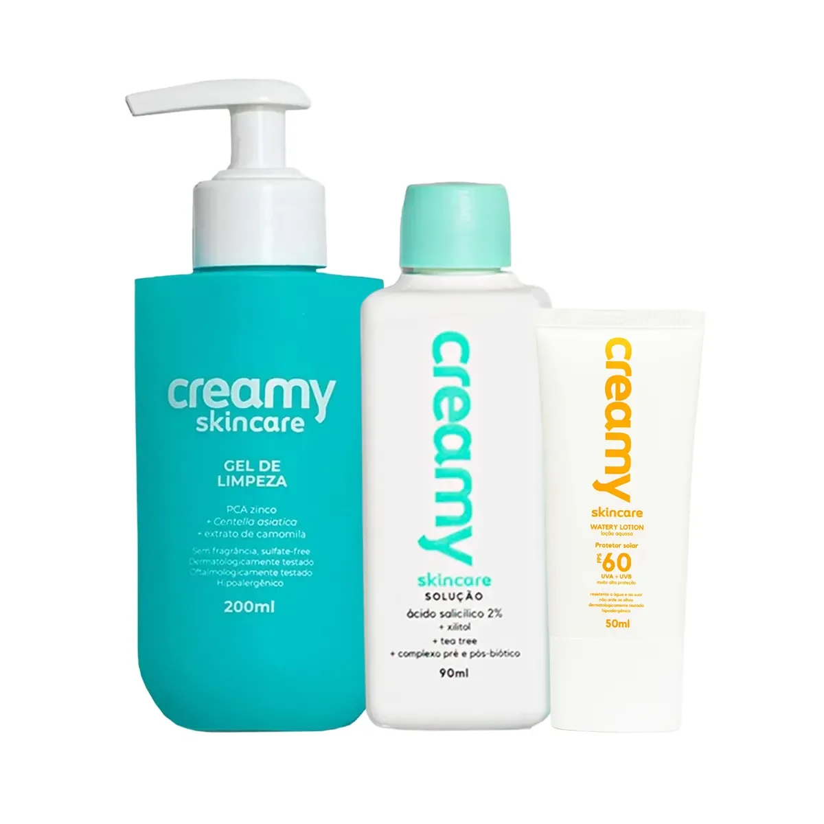 Kit Facial Creamy Skincare Gel de Limpeza 200ml + Tônico Antiacne Ácido Salicílico 90ml + Protetor Solar Loção FPS 60 50ml - imagem 1