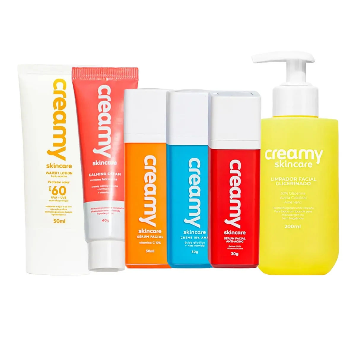 Kit Facial Creamy Limpador Glicerinado 200ml + Sérum Vitamica C 30g + Creme Hidratante Calming 40g + Protetor Solar FPS 60 50ml + Creme Retexturizador 30g + Sérum Anti-Idade 30g - imagem 1