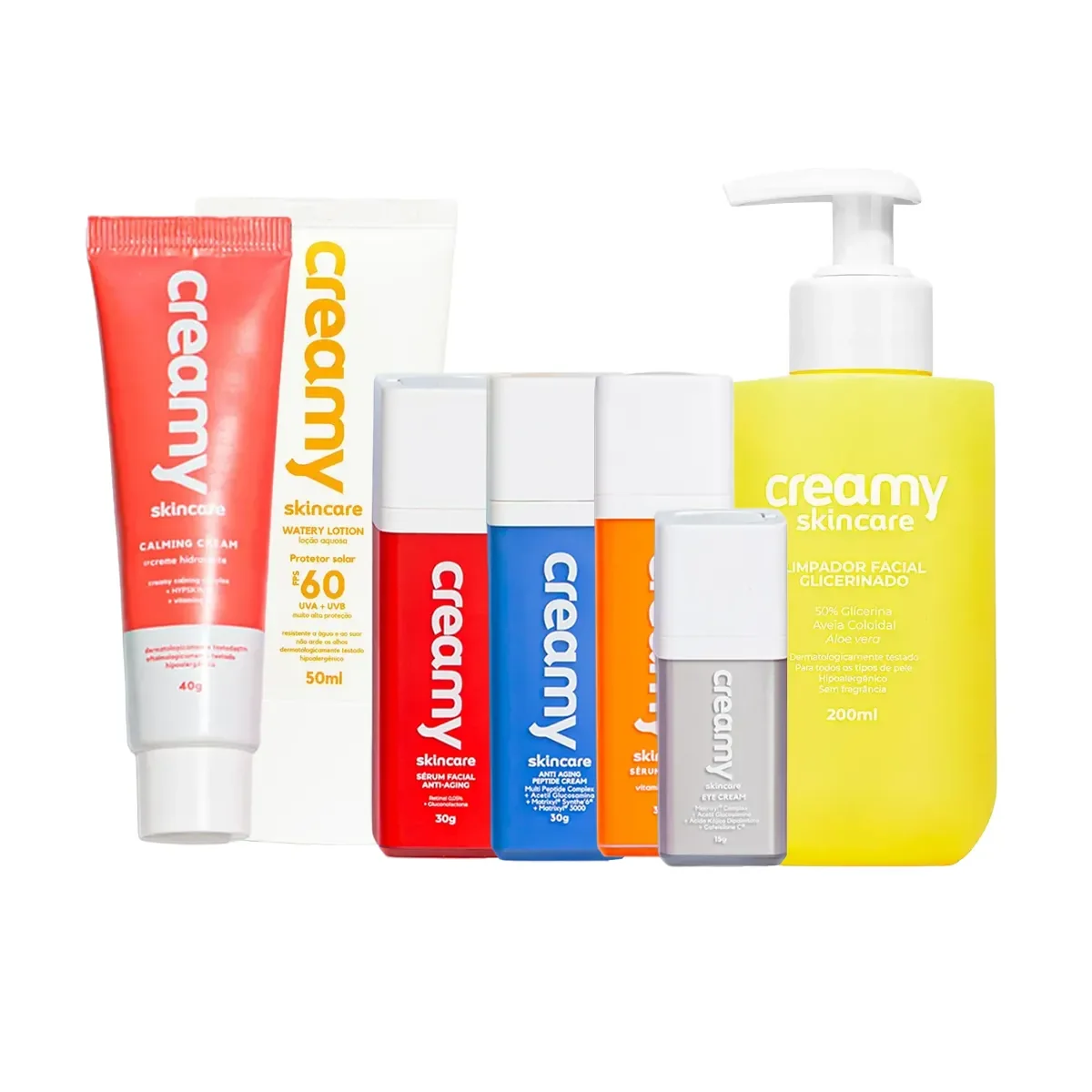 Kit Facial Creamy Limpador Facial 200ml + Sérum Vitamina C 30g + Creme Firmador Peptide 30g + Protetor Solar FPS 60 50ml + Sérum Anti-Idade 30g + Creme para Área dos Olhos 15g - imagem 1
