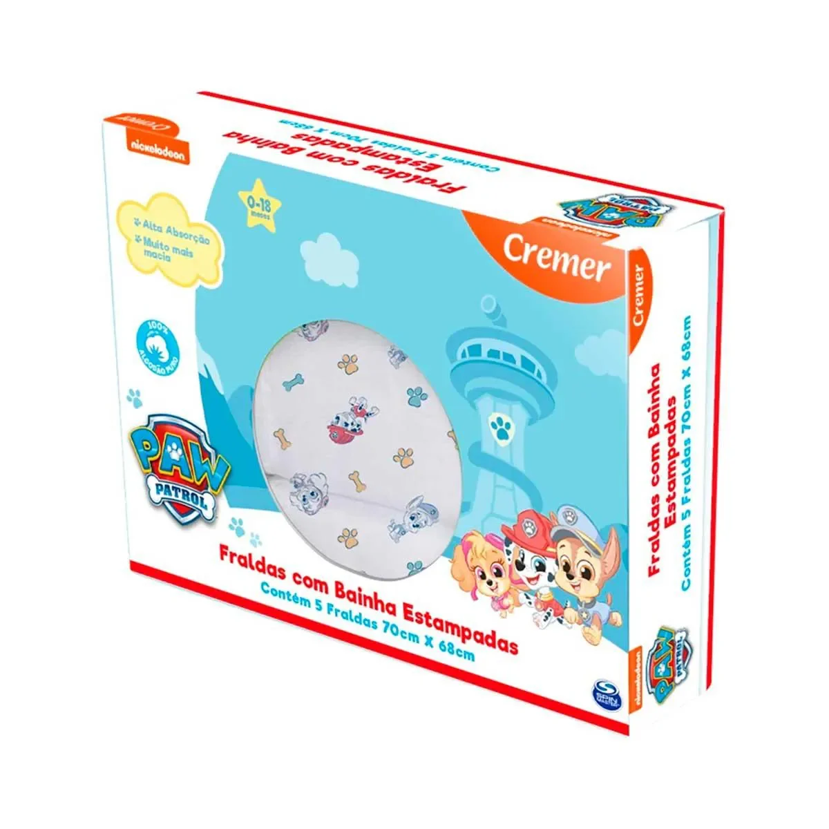 Fralda de Pano com Bainha Estampada Creme Patrulha Canina 5 Unidades - imagem 1