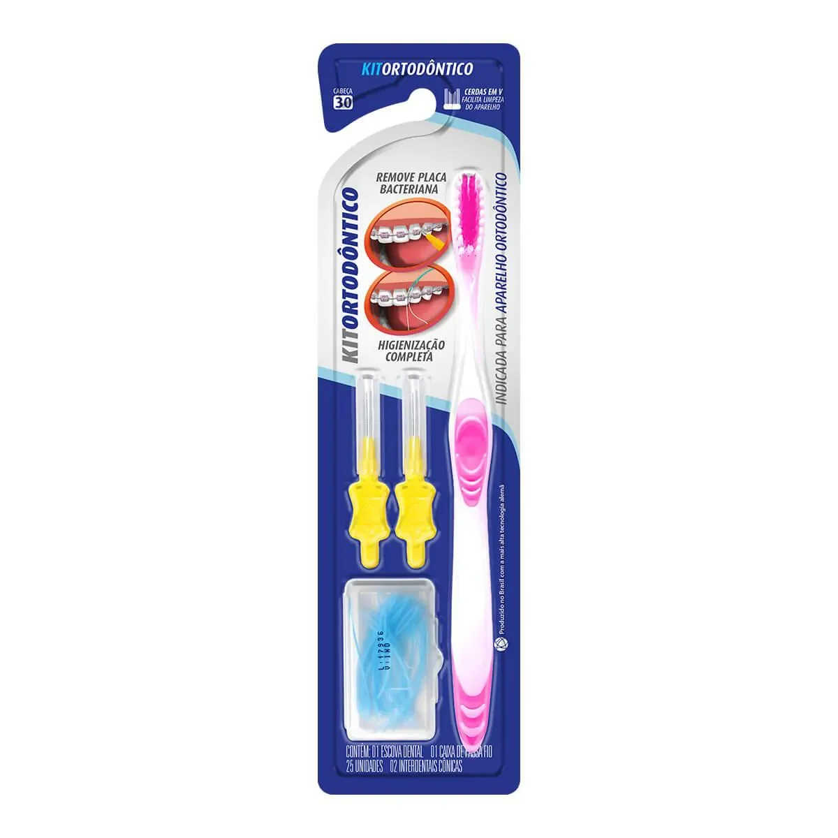 Kit Ortodôntico Dentalclean Escova de Dente + 2 Escovas Interdentais Cônicas + Passa Fio 25 unidades - imagem 1