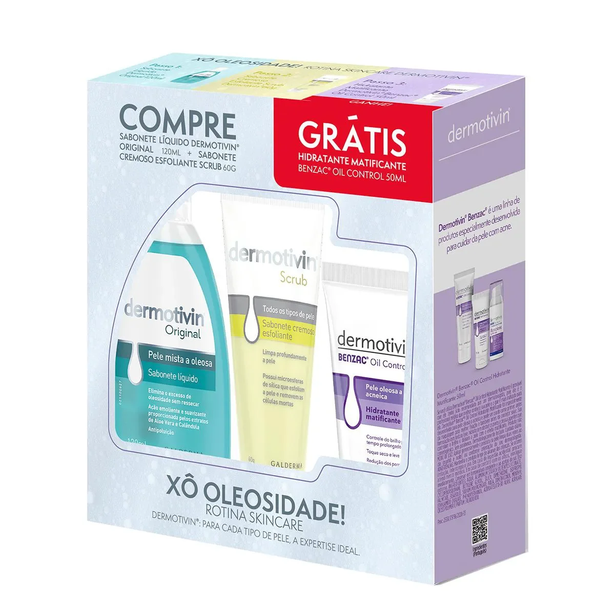 Kit Dermotivin Sabonete Líquido Facial Original 120ml + Esfoliante Scrub 60g + Hidratante Matificante Benzac 50ml - imagem 1