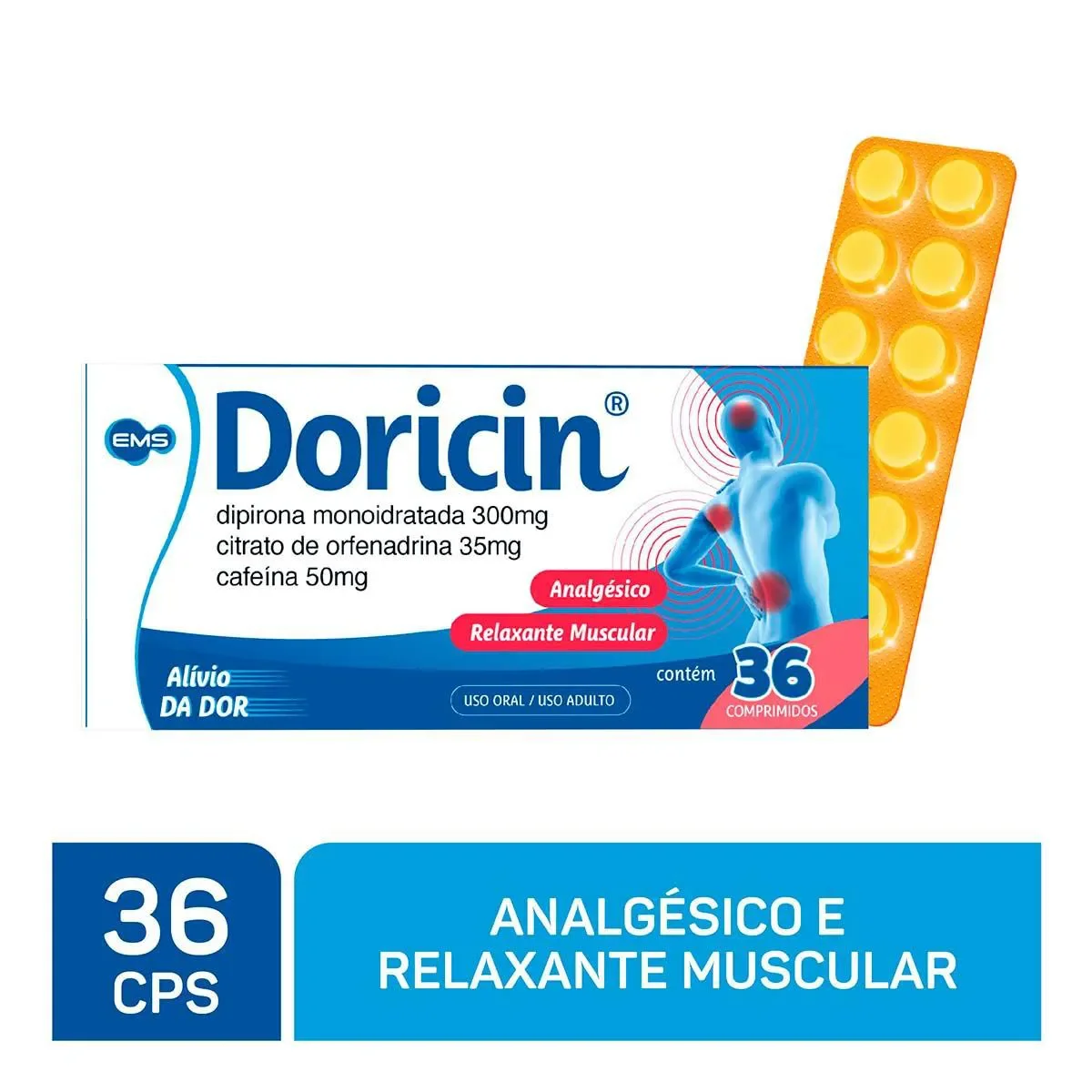 Doricin Dipirona Monohidratada 300mg + Citrato de Orfenadrina 35mg + Cafeína 50mg 36 comprimidos - imagem 1