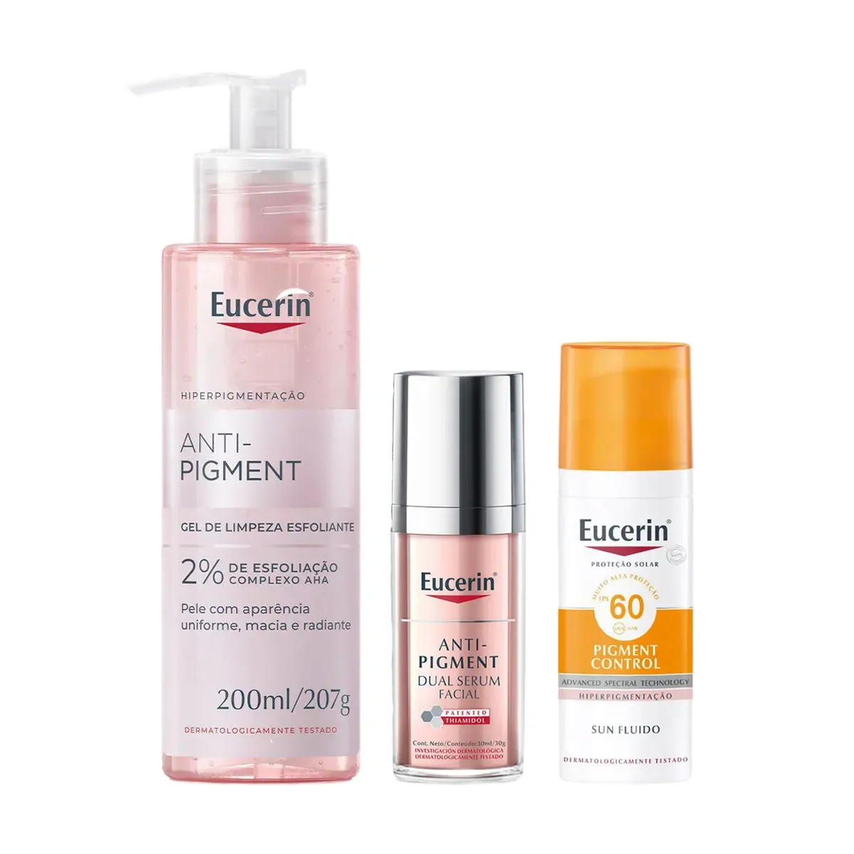 Kit Facial Eucerin Anti-Pigment Gel de Limpeza Esfoliante 200ml + Sérum Clareador 30ml + Protetor Solar Control FPS 60 50ml - imagem 1