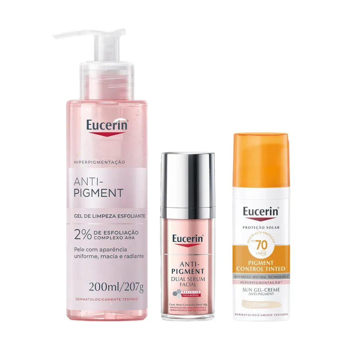 Kit Facial Eucerin Anti-Pigment Gel de Limpeza Esfoliante 200ml + Sérum Clareador 30ml + Protetor Solar Control Tinted FPS 70 Claro 50ml - imagem 1