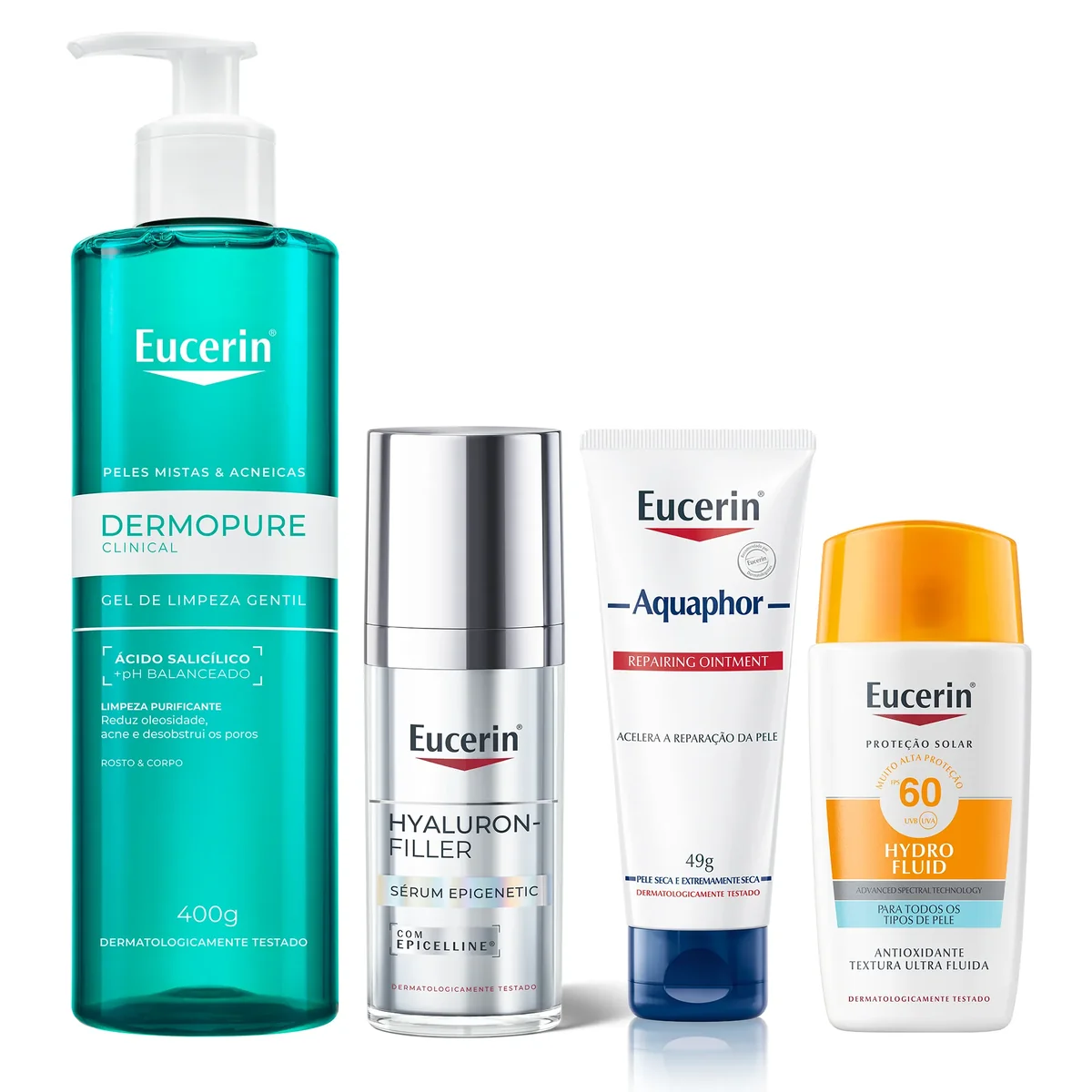 Kit Eucerin Facial Gel de Limpeza Dermo Pure Gentil 400g + Sérum Anti-Idade Hyaluron-Filler Epigenetic 30ml + Protetor Solar Facial Fluido FPS 60 Hydro Fluid 50ml + Pomada Reparadora Intensiva Aquaphor 49g - imagem 1