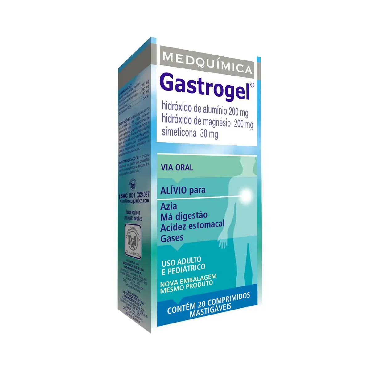 Gastrogel Hidróxido de Alumínio 200mg + Hidróxido de Magnésio 200mg + Simeticona 30mg 20 comprimidos mastigáveis - imagem 1