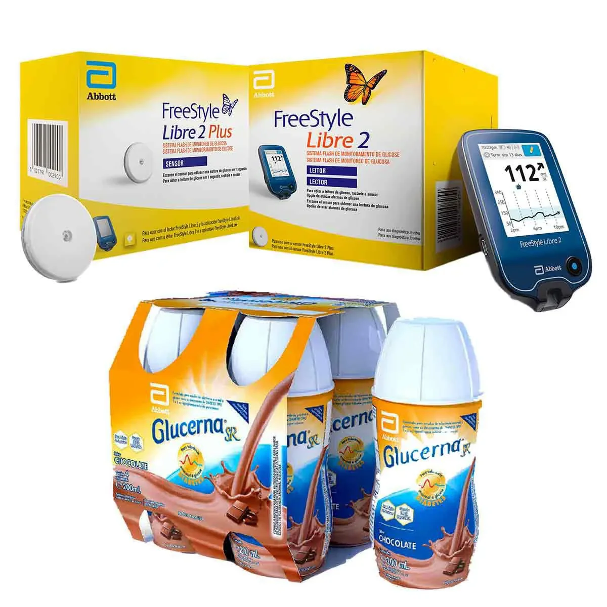 Kit Suplemento Alimentar Glucerna SR Chocolate 4 unidades com 200ml cada + Leitor de Glicose + Sensor de Monitoramento de Glicose FreeStyle Libre 2 Plus Sistema Flash - imagem 1