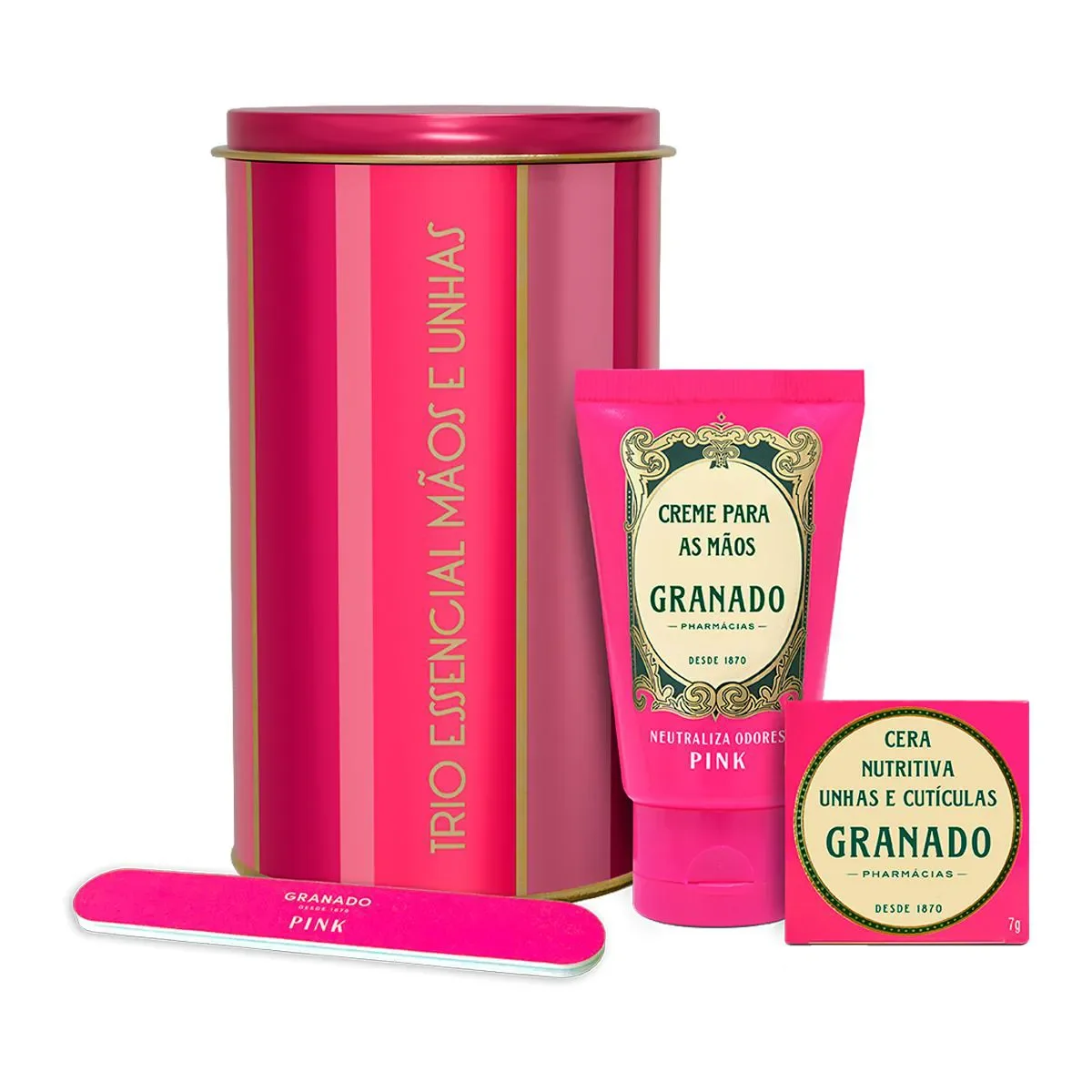 Kit Granado Pink Trio Essencial Mãos e Unhas Creme de Mãos 60g + Cera Nutritiva Unhas e Cutículas 7g + Lixa Personalizada - imagem 1
