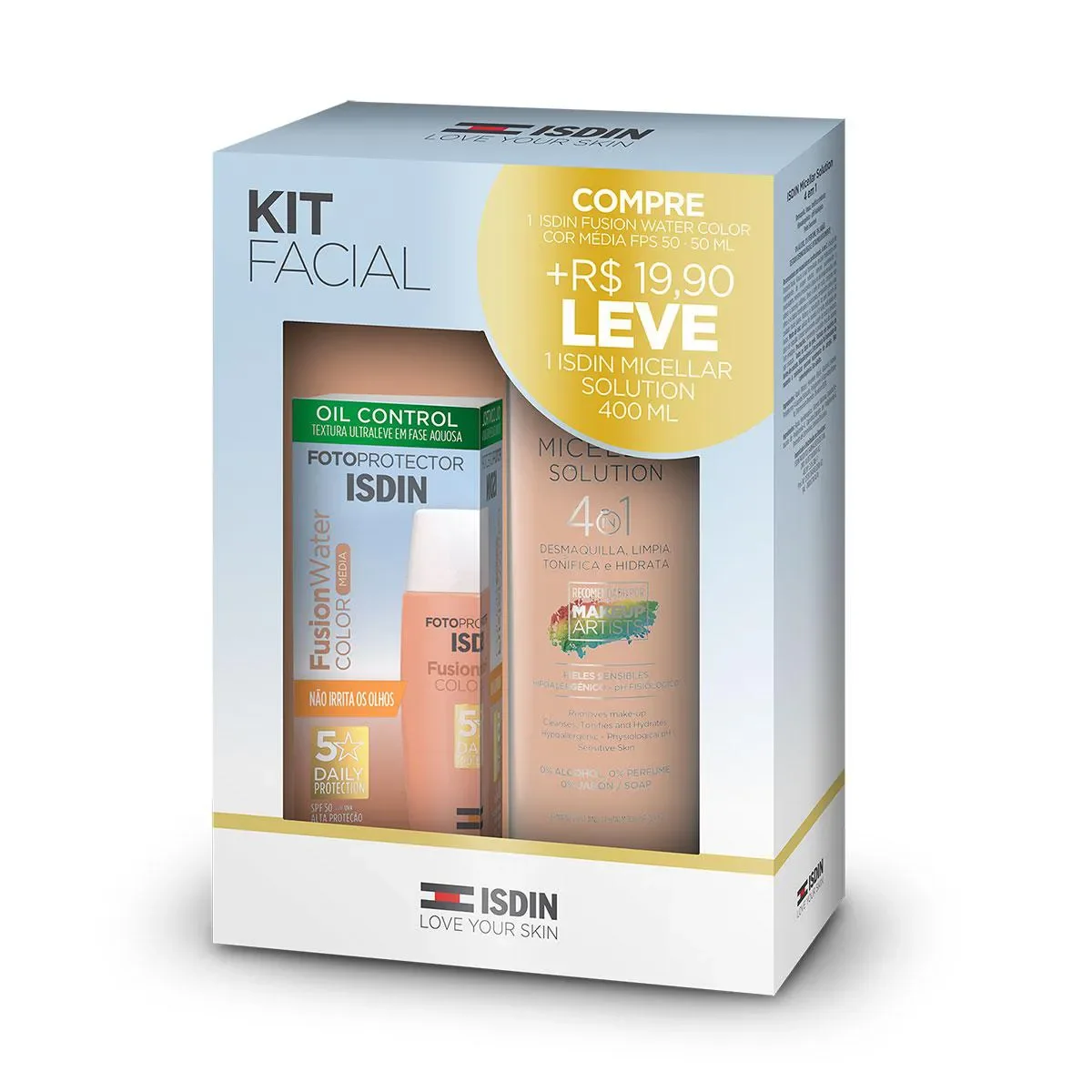 Kit Isdin Protetor Solar Facial FPS 50 Fusion Water Color 50ml + Solução Micelar 400ml - imagem 1