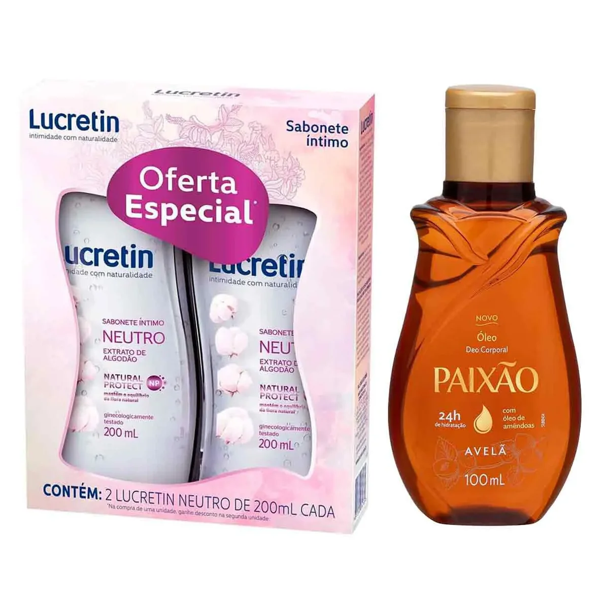 Kit Sabonete Líquido Íntimo Lucretin Neutro com 2 Unidades de 200ml + Óleo Corporal Paixão Amêndoas com Avelã 100ml - imagem 1