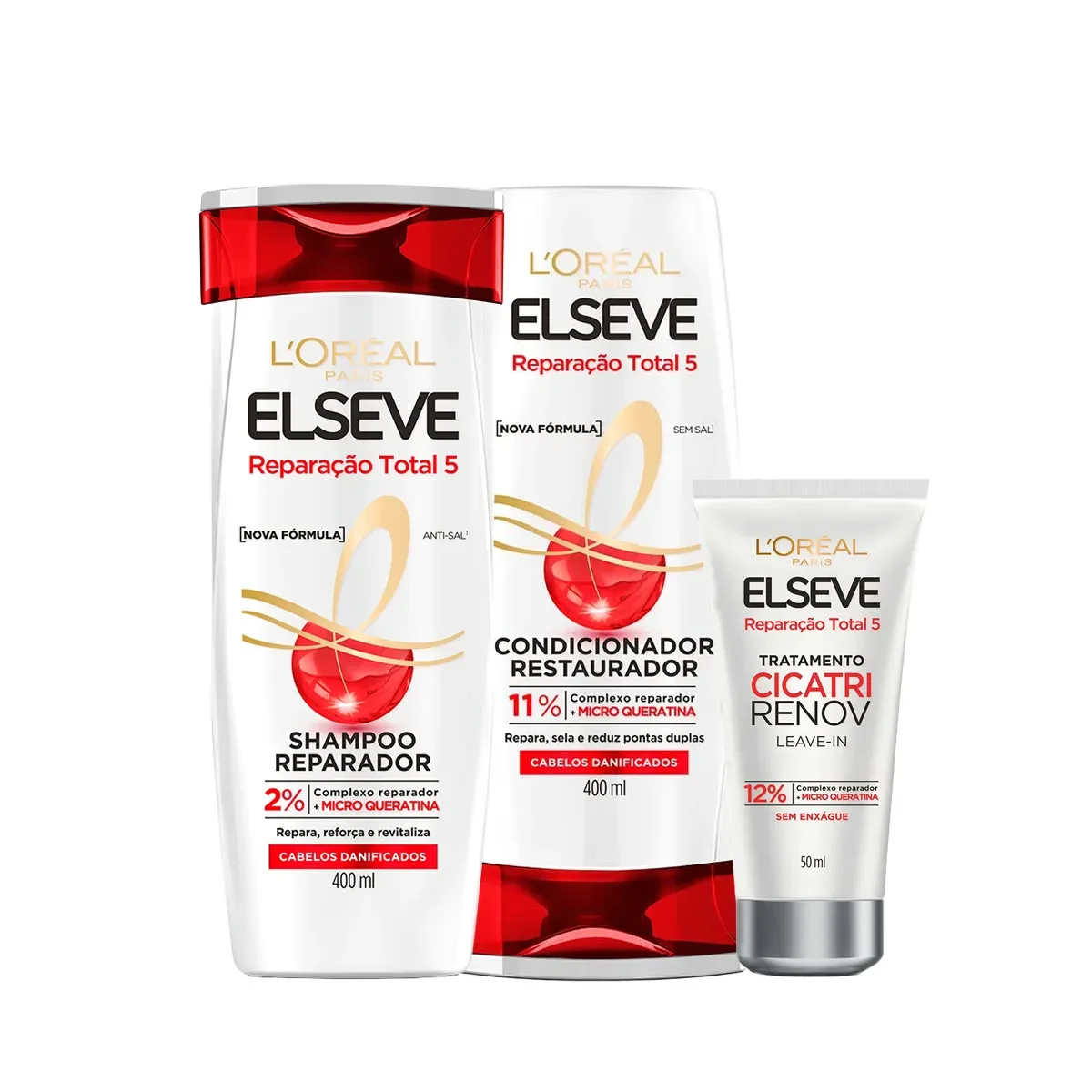 Kit L'Oréal Paris Elseve Reparação Total 5 Shampoo 400ml + Condicionador 400ml + Leave-in Cicatri Renov 50ml - imagem 1