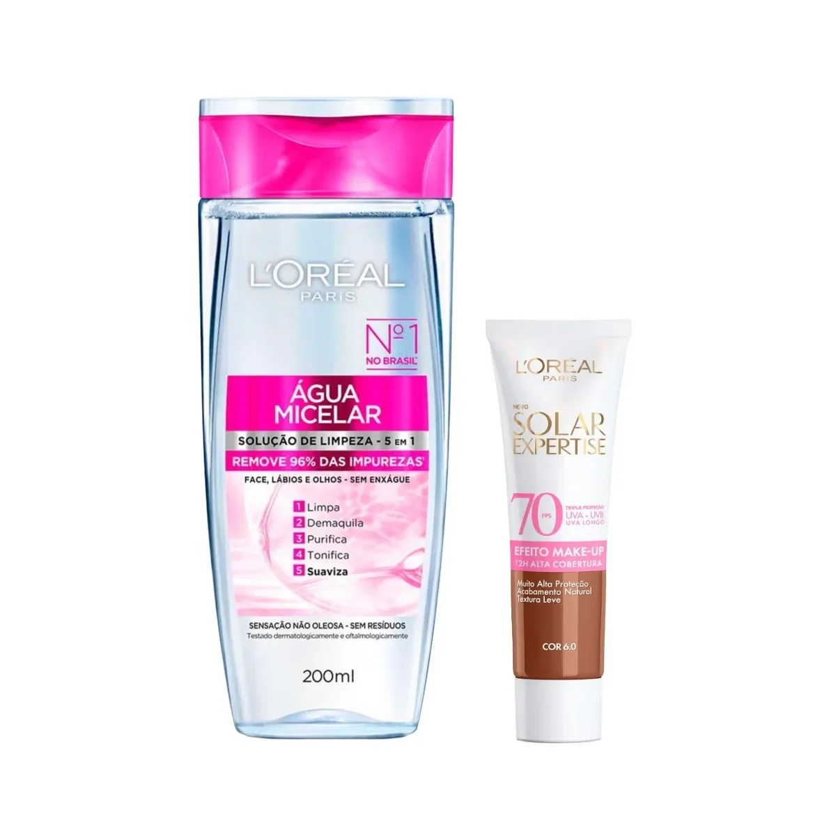 Kit Facial L'Oréal Paris Água Micelar Solução de Limpeza 5 em 1 200ml + Protetor Solar Expertise Efeito Make Up FPS 70 Cor 6.0 30g - imagem 1
