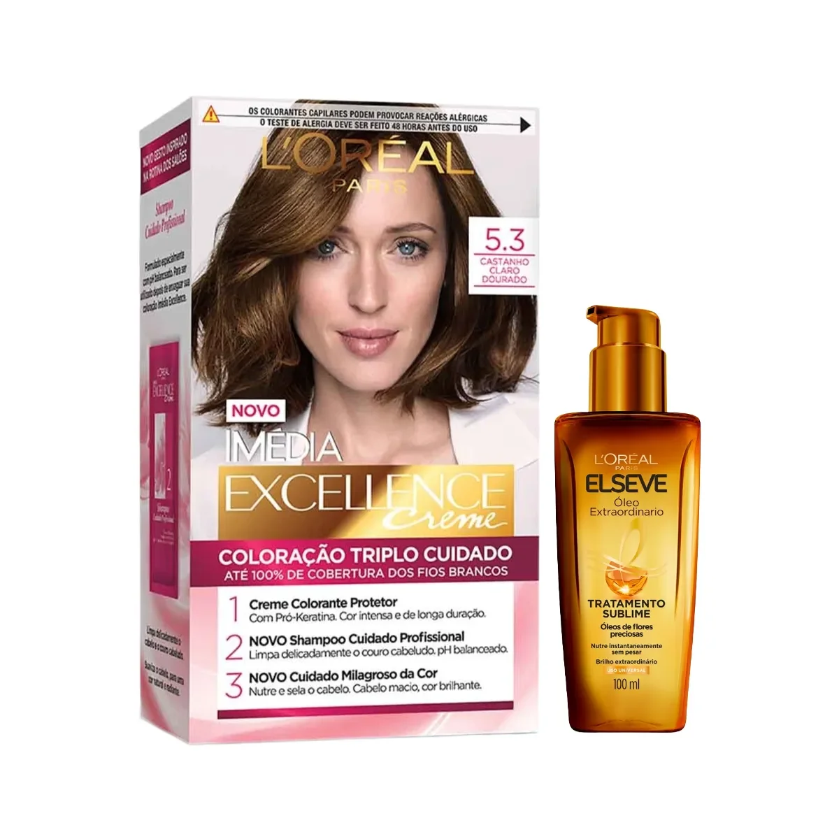 Kit L'Oréal Paris Tinta de Cabelo Permanente Imédia Excellence Creme - 5.3 Castanho Claro Dourado + Óleo Extraordinário Tratamento Reconstrutor Elseve 100ml - imagem 1