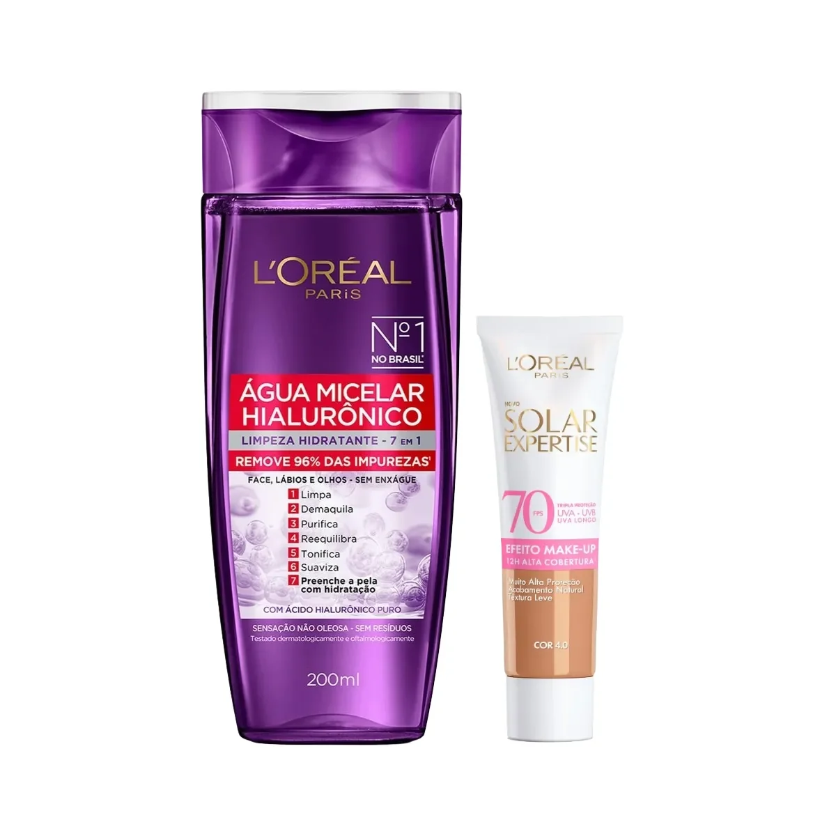 Kit Facial L'Oréal Paris Água Micelar Hialurônico Limpeza Hidratante 7 em 1 200ml + Protetor Solar Expertise Efeito Make Up FPS 70 Cor 4.0 30g - imagem 1