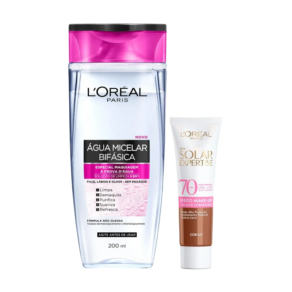 Kit Facial L'Oréal Paris Água Micelar Bifásica Solução de Limpeza 5 em 1 200ml + Protetor Solar Expertise Efeito Make Up FPS 70 Cor 6.0 30g - imagem 1