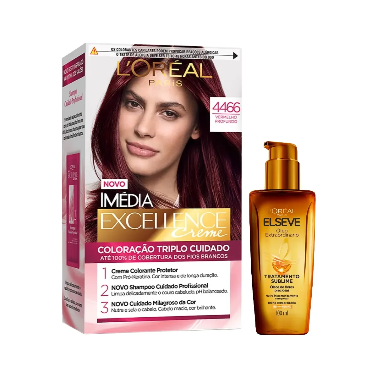 Kit L'Oréal Paris Tinta de Cabelo Permanente Imédia Excellence Creme - 4466 Vermelho Profundo + Óleo Extraordinário Tratamento Reconstrutor Elseve 100ml - imagem 1