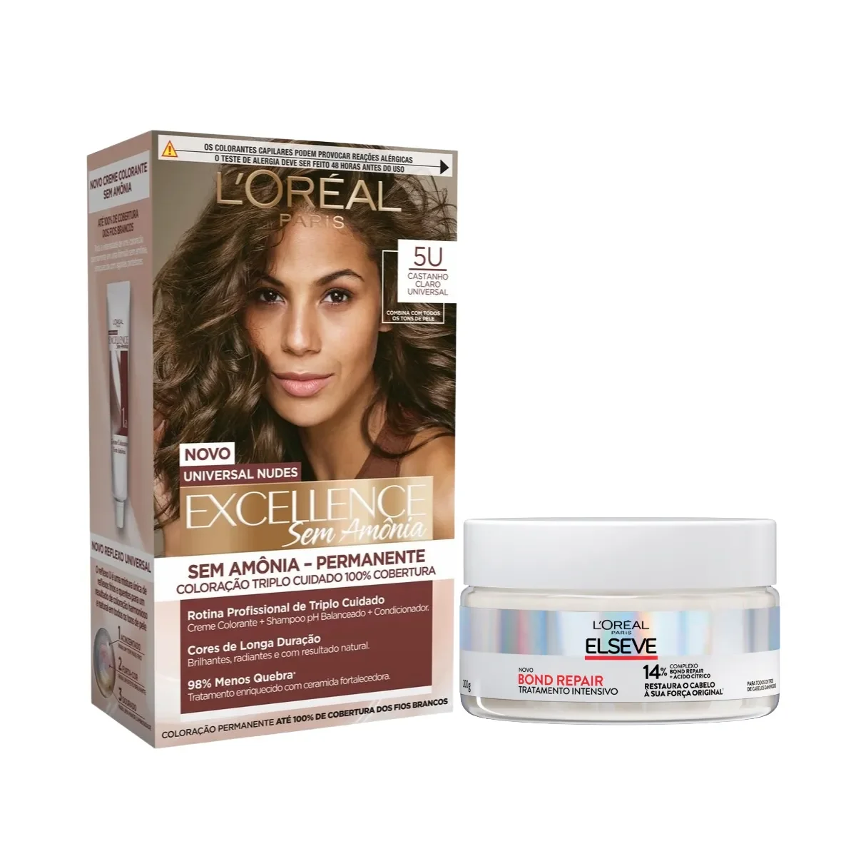 Kit L'Oréal Paris Tinta de Cabelo Permanente Imédia Excellence Sem Amônia - 5U Castanho Claro Universal + Creme de Tratamento Intensivo Elseve Bond Repair 200g - imagem 1