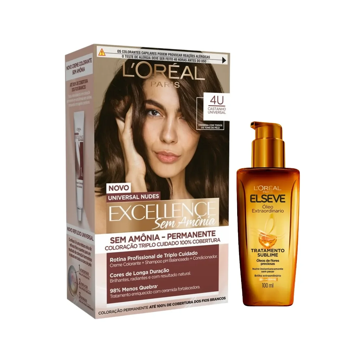 Kit L'Oréal Paris Tinta de Cabelo Permanente Imédia Excellence Sem Amônia - 4U Castanho Universal + Óleo Extraordinário Elseve Tratamento Sublime 100ml - imagem 1