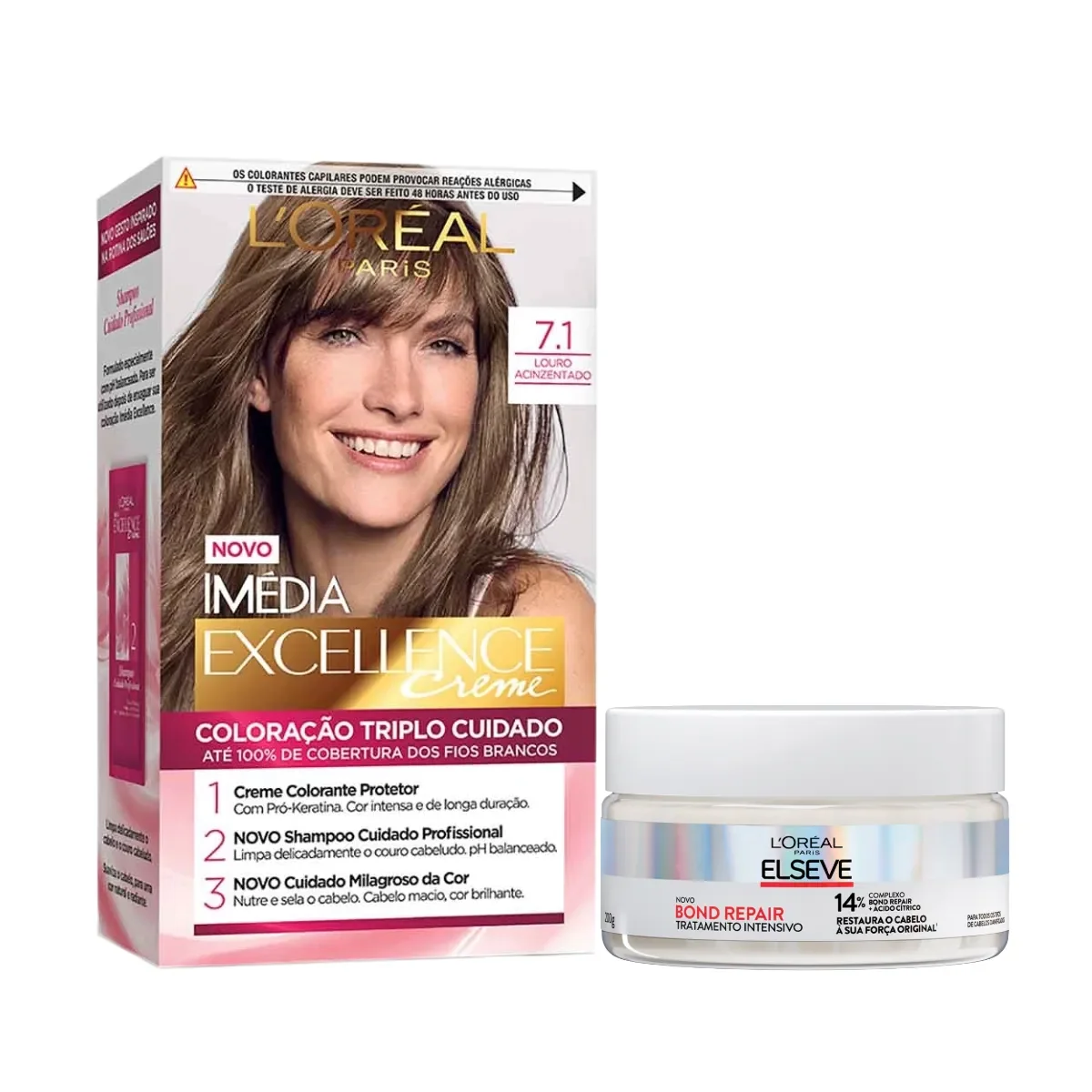 Kit L'Oréal Paris Tinta de Cabelo Permanente Imédia Excellence Creme - 7.1 Louro Acinzentado + Creme de Tratamento Intensivo Elseve Bond Repair 200g - imagem 1