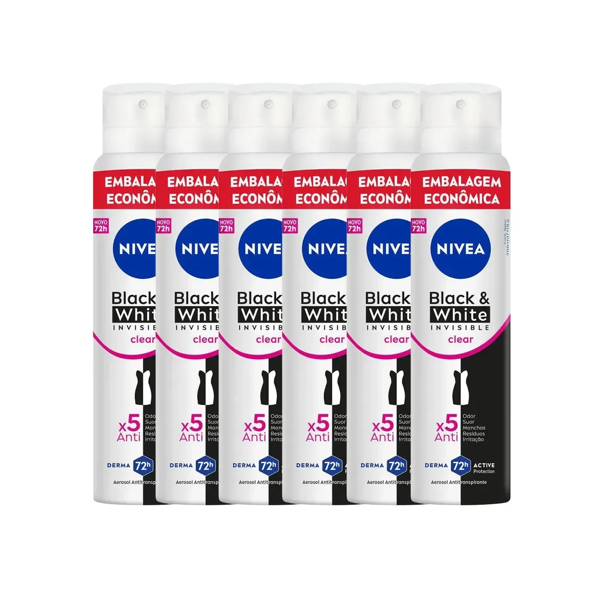 Kit Desodorante Antitranspirante Aerosol Nivea Invisible Black & White Clear Feminino 72h 200ml 6 unidades - imagem 1