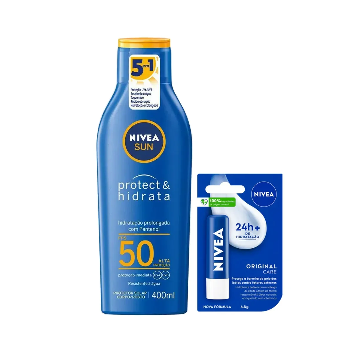 Kit Nivea Protetor Solar Facial e Corporal Loção Protect & Hidrata Sun FPS 50 400ml + Hidratante Labial Original Care 4,8g - imagem 1