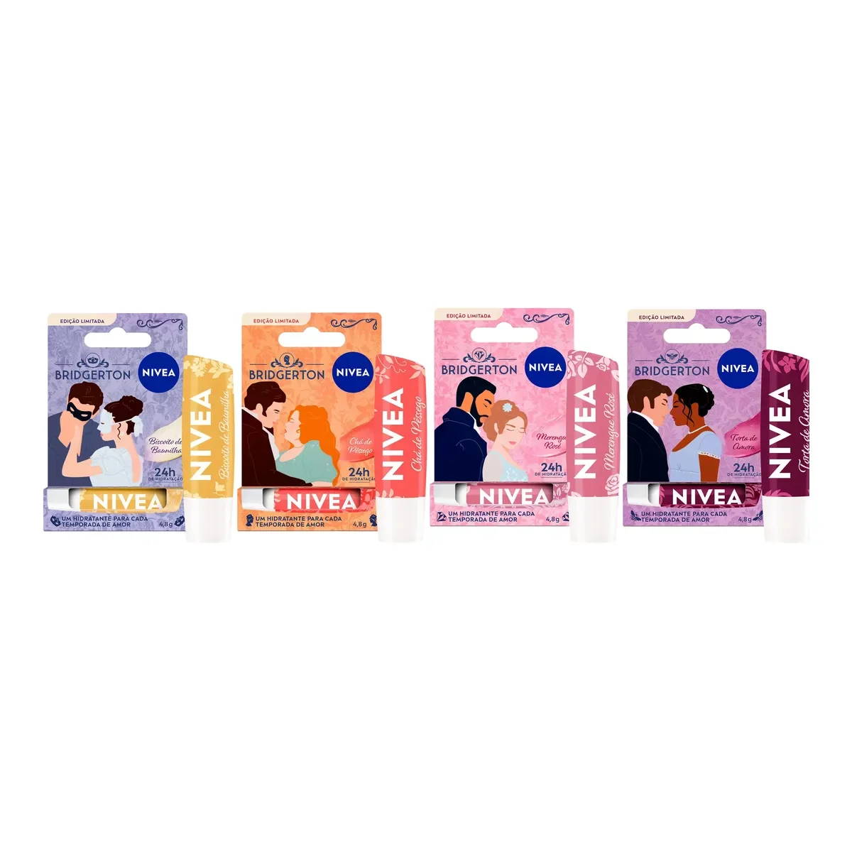 Kit Hidratantes Labial Nivea Bridgerton Biscoito de Baunilha 4,8g + Chá de Pêssego 4,8g + Bridgerton Merengue Rosé 4,8g + Bridgerton Torta de Amora 4,8g - imagem 1