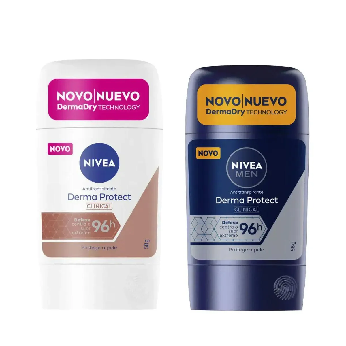 Kit Nivea Desodorante Antitranspirante Stick Barra Derma Protect Clinical Feminino 96h 54g + Desodorante Antitranspirante Stick Barra Men Derma Protect Clinical 96h 54g - imagem 1