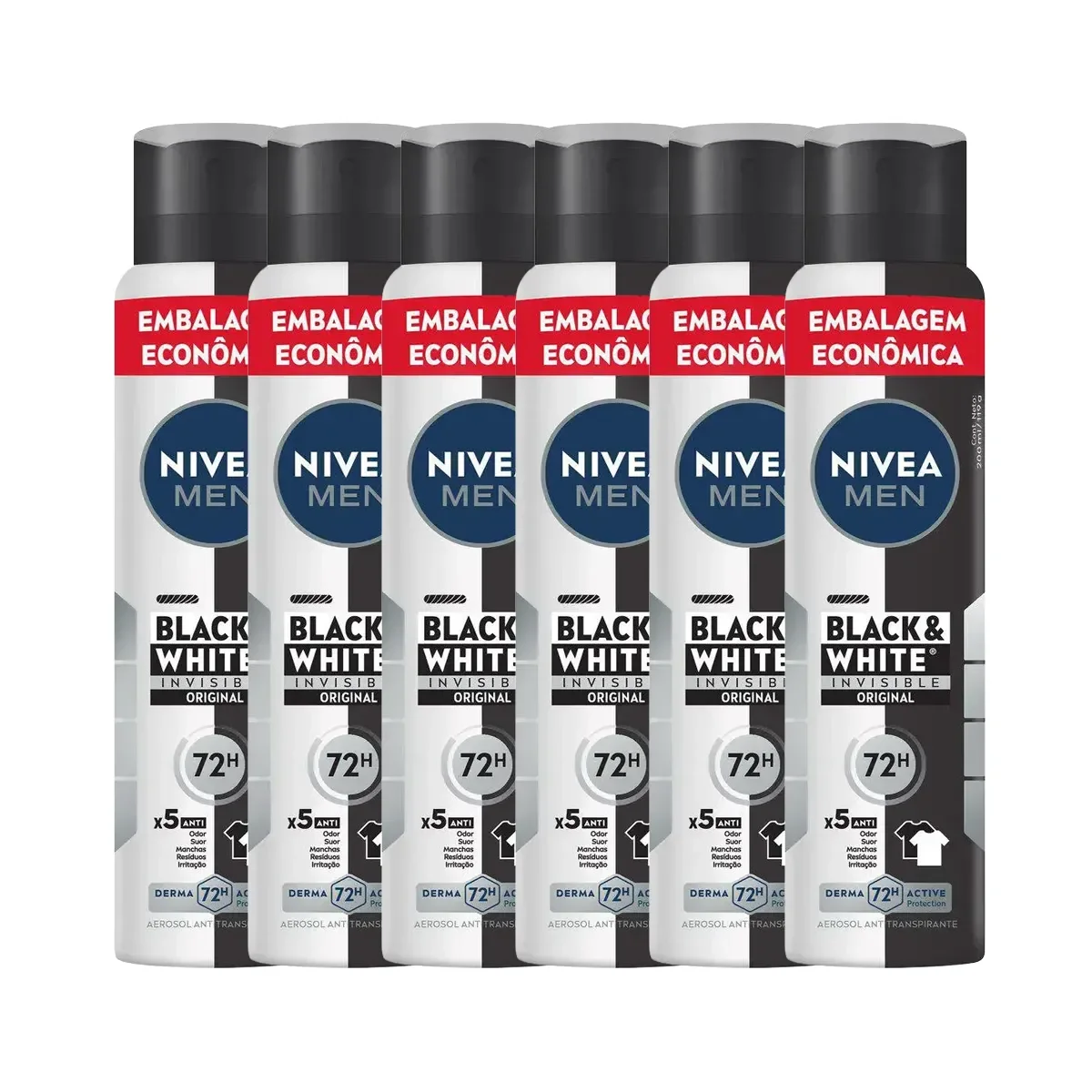 Kit Desodorante Antitranspirante Aerosol Nivea Men Black & White Invisible 72h 200ml 6 unidades - imagem 1