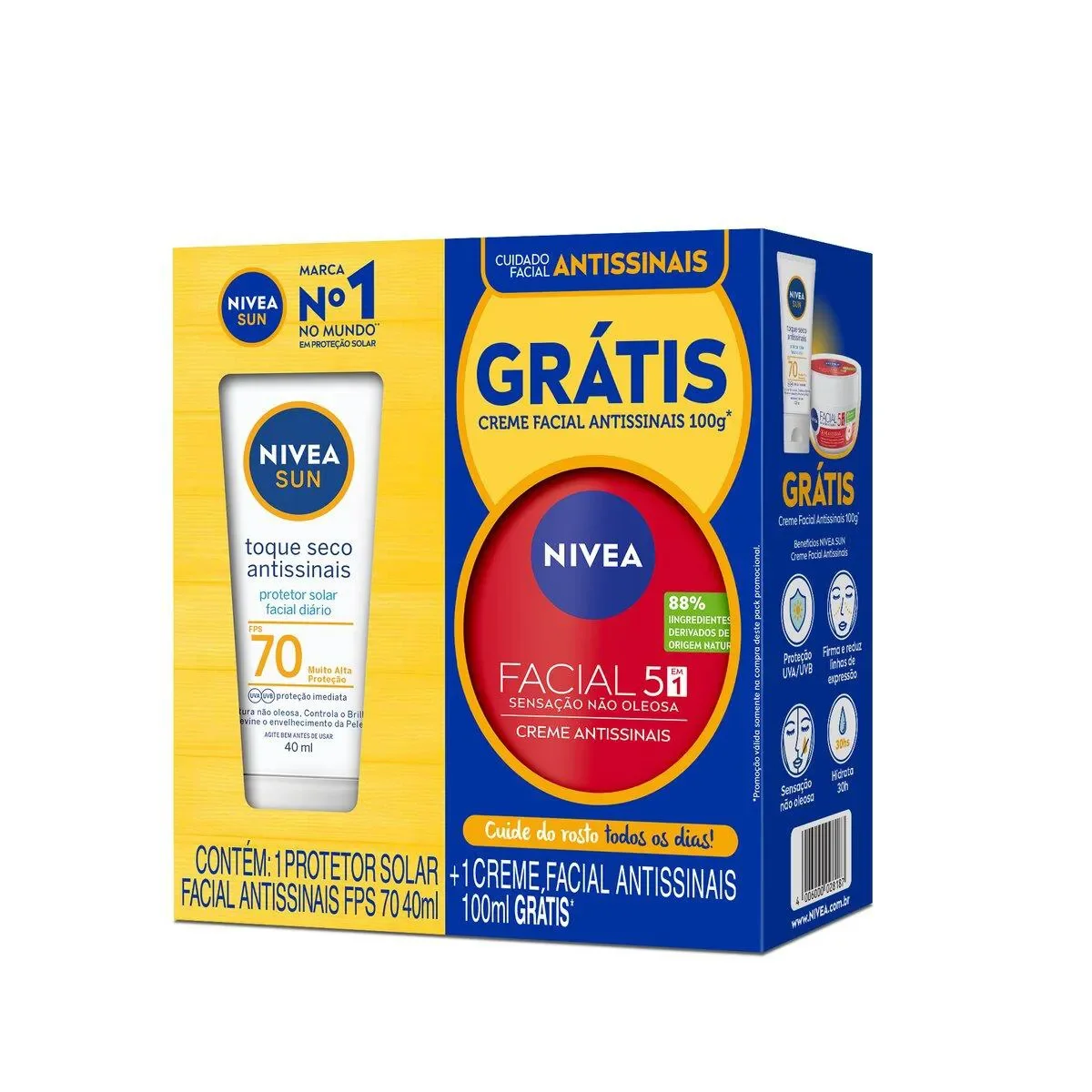 Kit Nivea Antissinais Protetor Solar Facial Toque Seco FPS 70 40ml + Creme Facial 100g - imagem 1